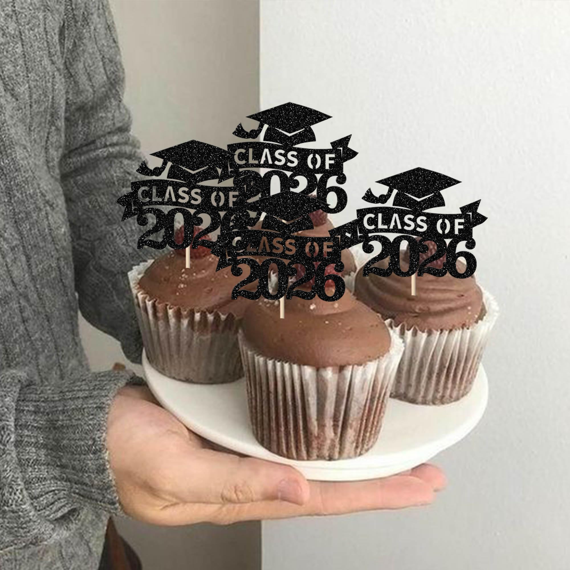 SYKYCTCY 24 Pack Class of 2026 Cupcake Toppers Glitter Congrats 2026 Done Diploma Cupcake Picks for Class of 2026 Graduation Theme Cake Decorations Party Supplies Black - Image 3