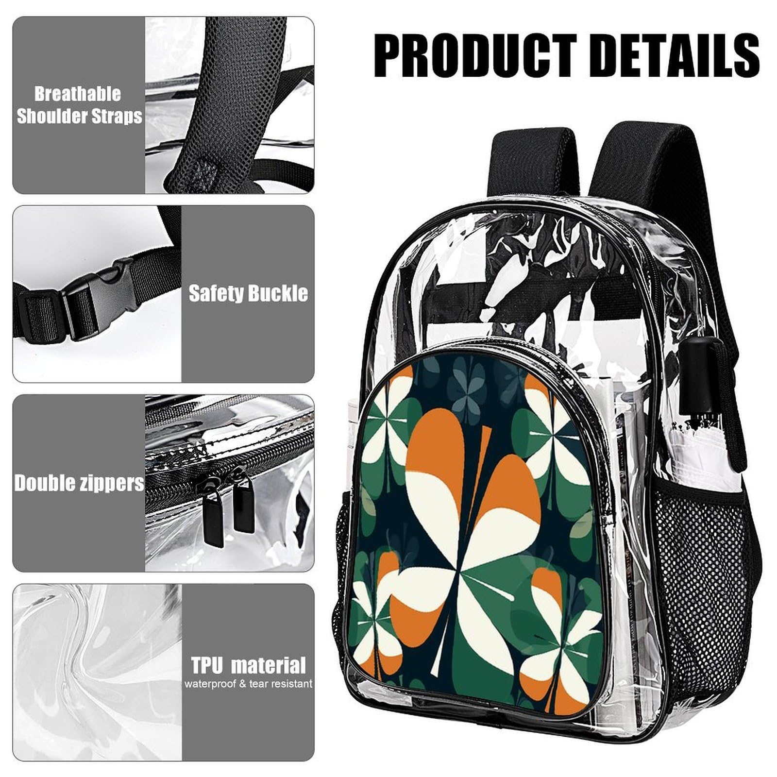 Transparenter Rucksack mit spezieller Form, groß, transparent, PVC, Büchertasche für Sicherheit, Arbeit, Reisen, Stadion