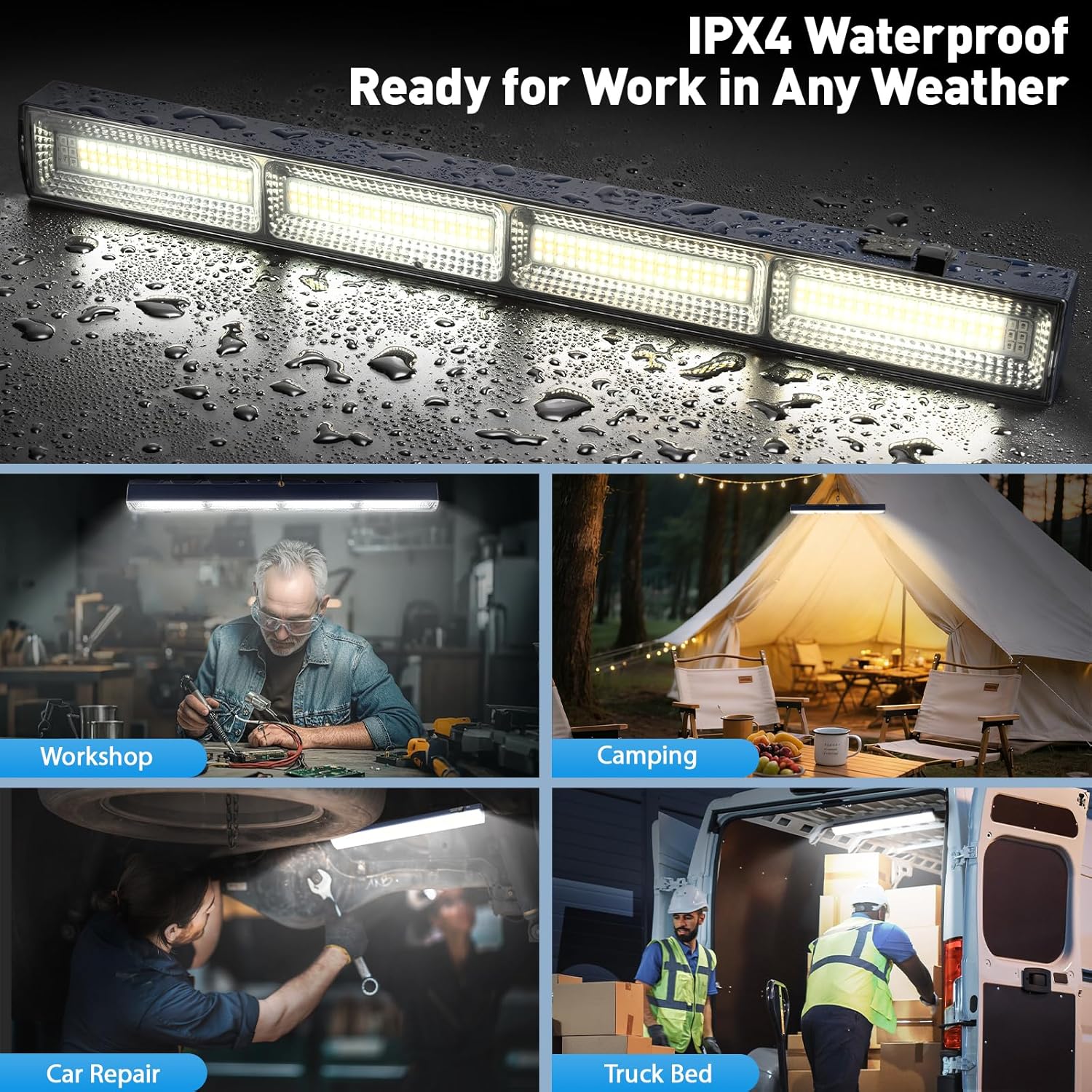 2 Pack Magnetic Light Bar, Rechargeable LED Work Light with Hooks, 7500mAh Cordless Portable Lamp for Under Cabinet, Garage, Car Repair, Workshop & Emergency