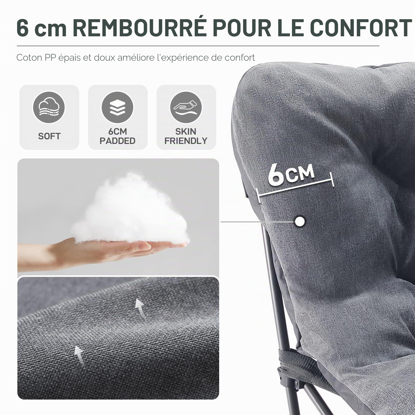 EVER ADVANCED Chaise de Camping Pliable XXL 180kg, Dossier Haut | Chaise pliante surdimensionnée à dossier haut, relax pour camping, jardin, balcon, pêche, intérieur, grise