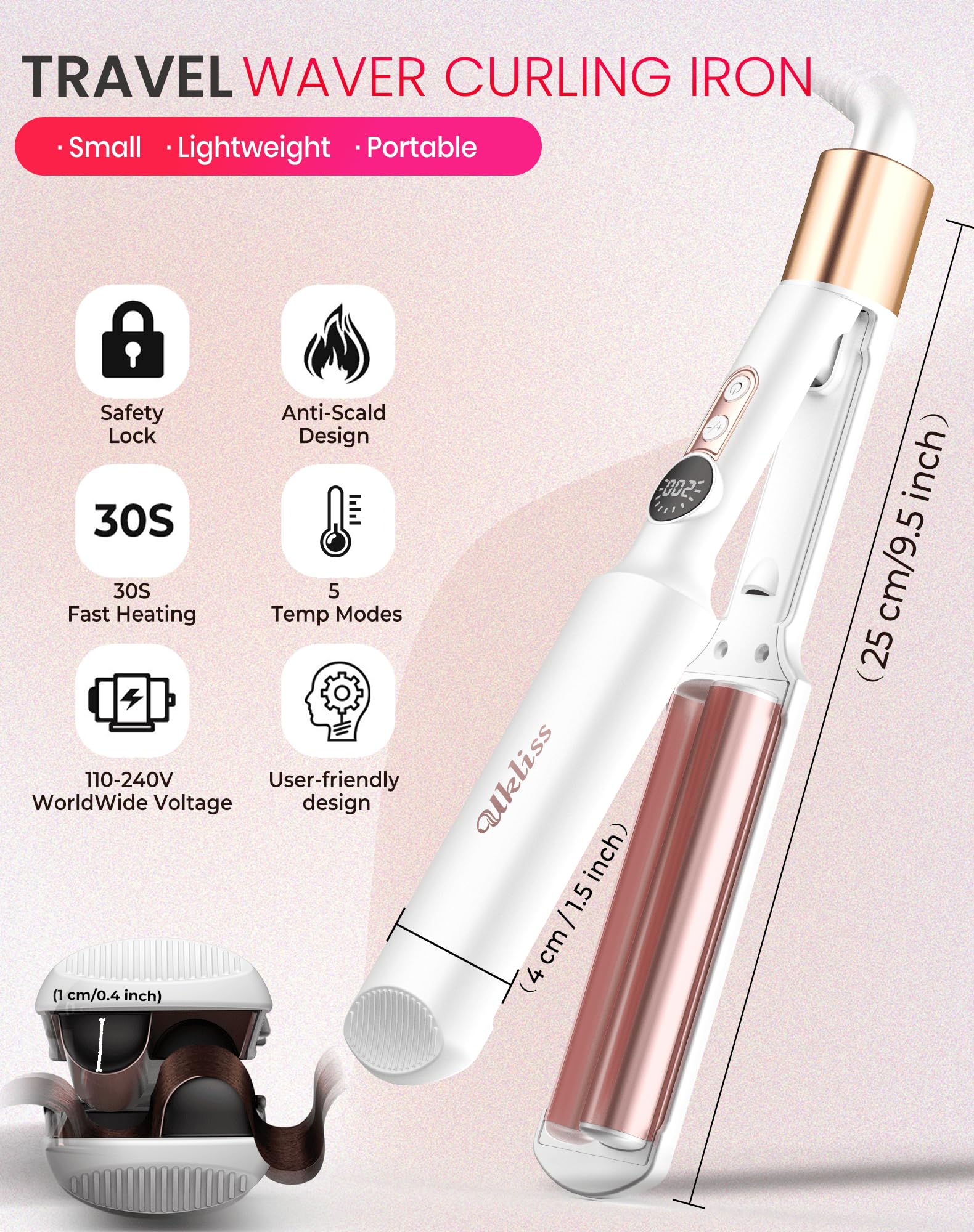 UKLISS Plancha ondulada, mini plancha ondulada para el cabello, pantalla LCD, 120 – 210 ℃, tamaño de viaje Beach Waves Rizador de pelo de sirena para ondulaciones de pelo, rizador de ondas ligeras