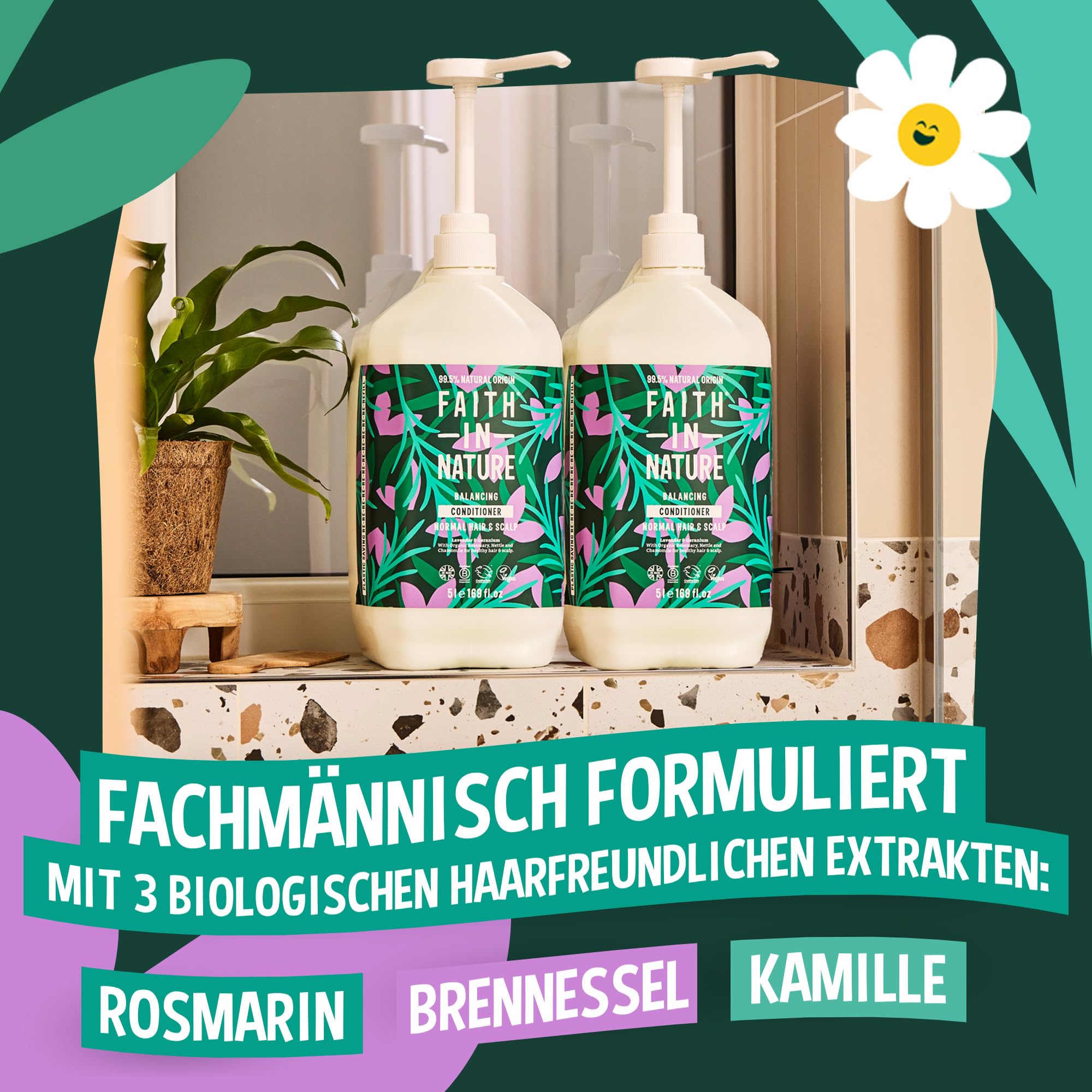 Faith In Nature Natürliches Lavendel & Geranie Conditioner, Ausgleichend für normales Haar & normale Kopfhaut, Vegan und tierversuchsfrei, Ohne SLS, Silikone oder Parabene, 5 L Nachfüllpack