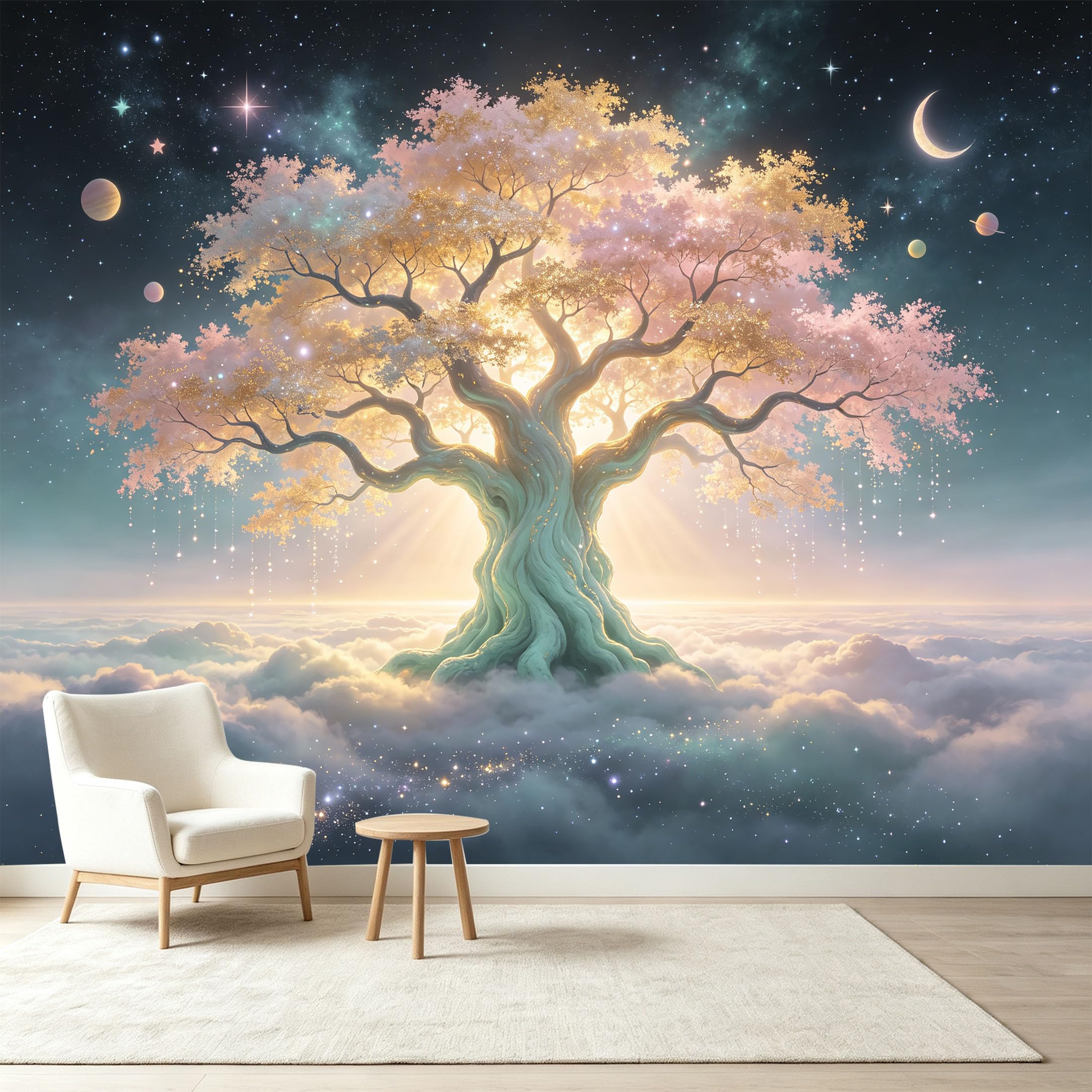 Custom Size Wall Murals Cosmic Ancient Tree Nebula Energy Giant Tree Wall Decor Self-Adhesive Wall Fabric Removable Wallpaper Wall Decor for Living Room Bedroom Bathroom