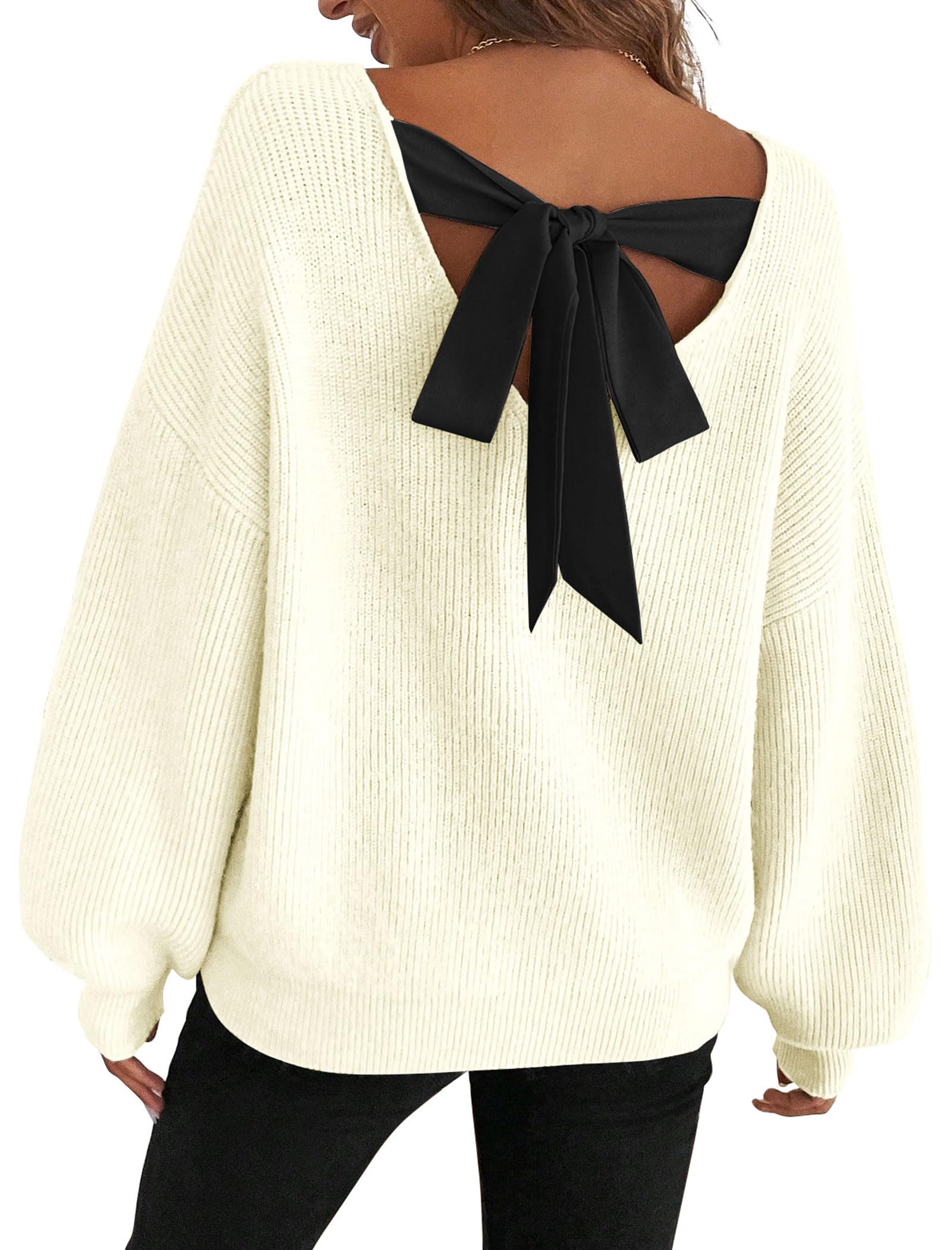 ZAFUL Womens Bow Chunky Knit Sweater Crew Neck Long Sleeve Knitted Sweater Trendy Fall Winter Pullover Sweaters 2025