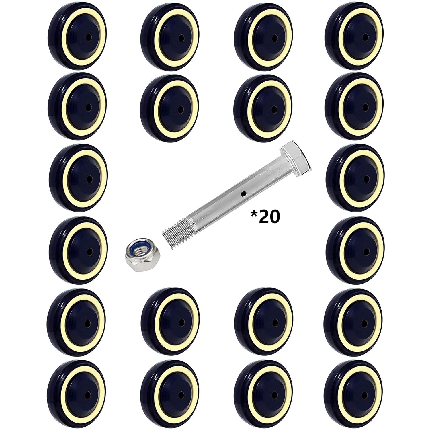 SY America 4" 20 Pack Polyurethane Stepped and Full Tread Face w/Double Ball Bearing Shopping Cart Wheel 5000 lbs Total Capacity (4 inches Pack of 20, Dark Blue Beige Stepped Face)