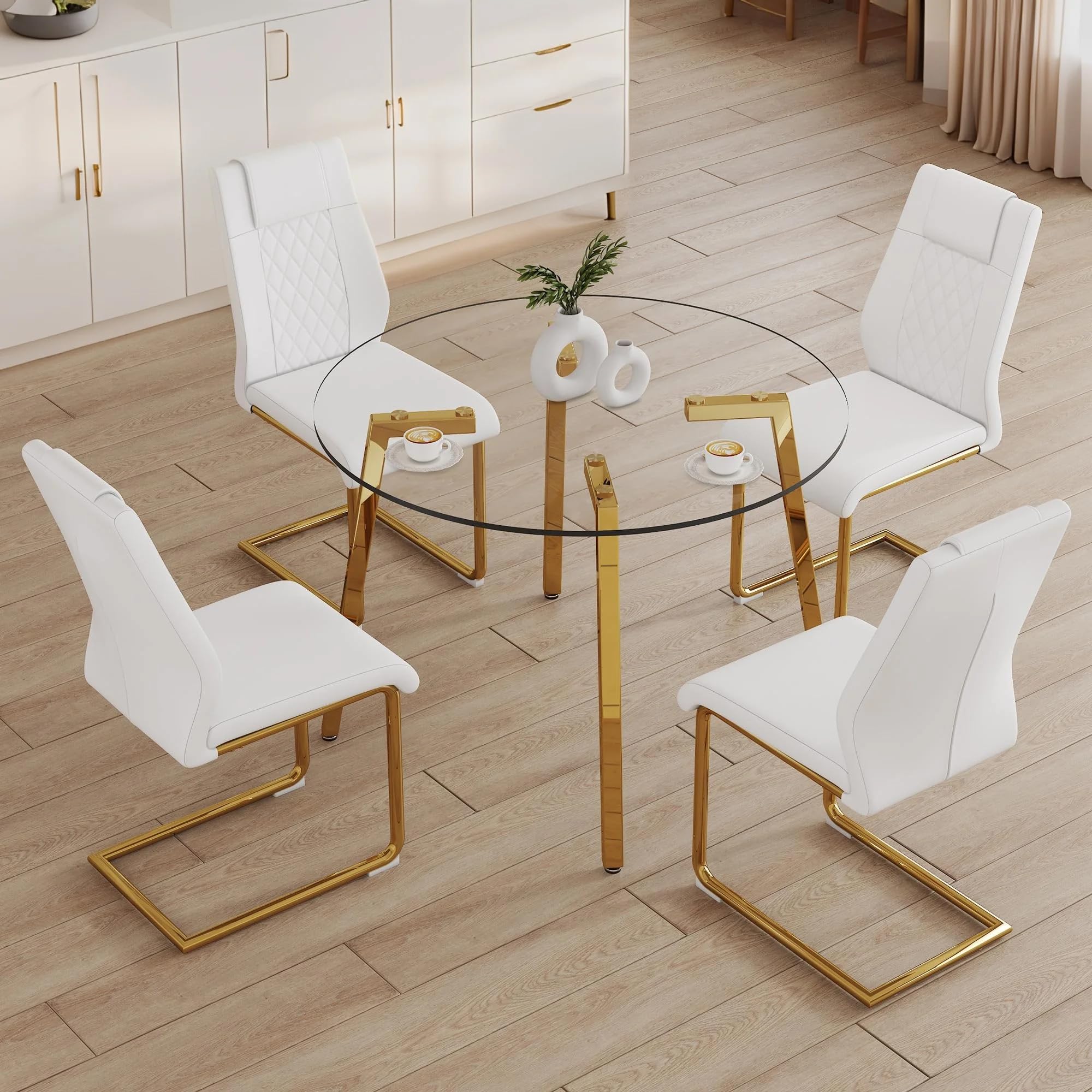 Svmdcu Round Dining Table Set for 4,42” Kitchen Glass Dining Table Set with White Faux Leather Chairs, Clear Glass Table top with Gold Legs, Great for