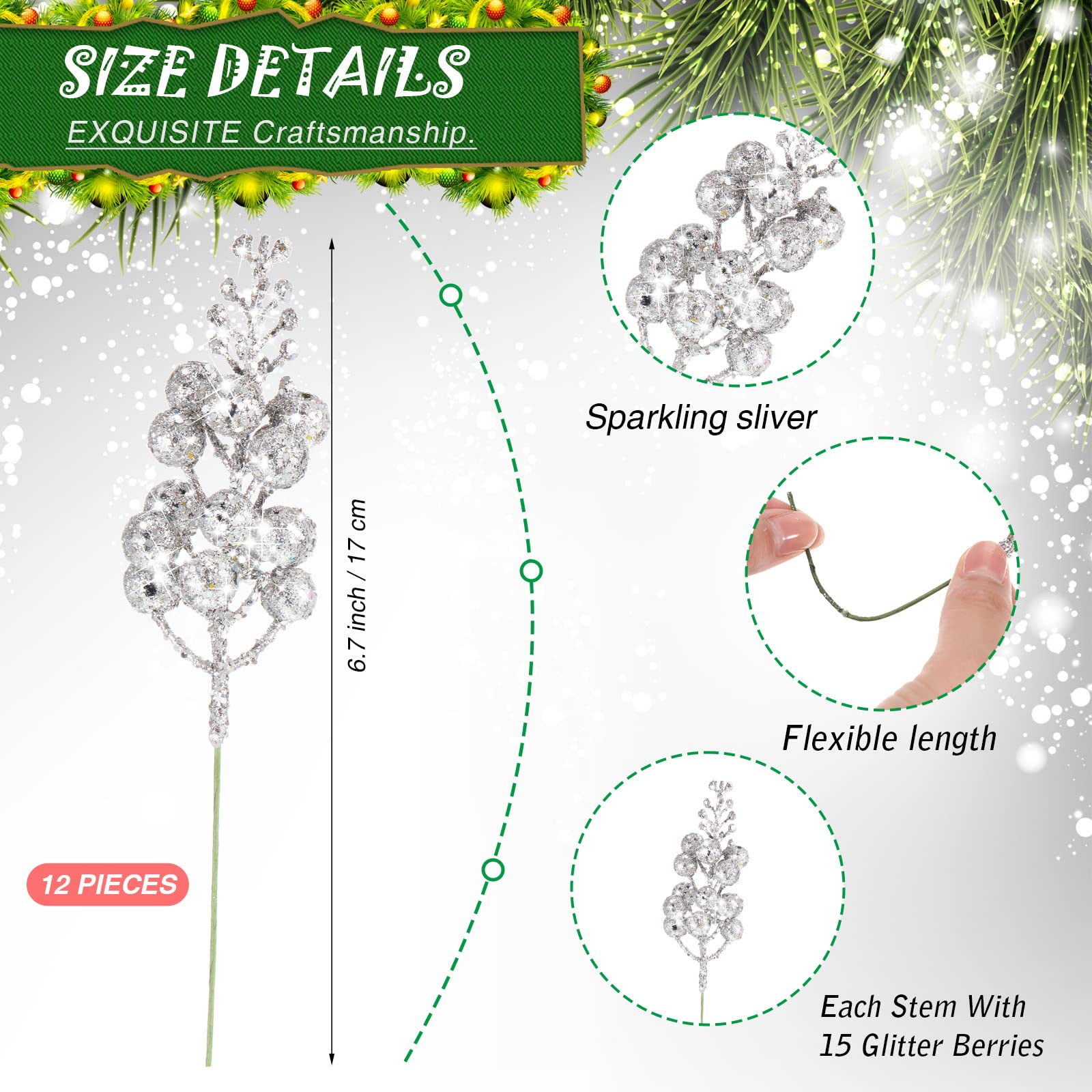 Hanaive 24 Stück silberne Weihnachtsbaum-Weihnachtssterne Blumen Dekorationen mit Clips und Stielen künstliche Baumzweige Dekoration Weihnachtsstern Blumen Glitzer Beeren Stiele für Hochzeit Party