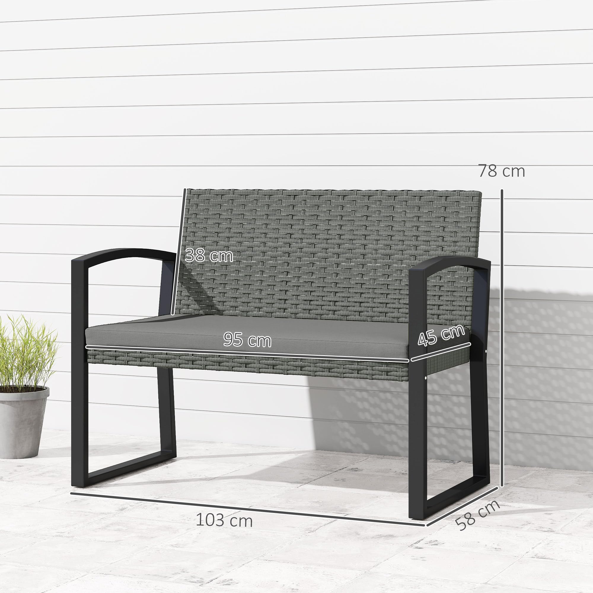Outsunny Banc de Jardin 2 Places, Banc d'extérieur en résine tressée PE avec Coussin, Banquette de Patio avec accoudoirs, Structure en Acier galvanisé, Gris et Noir