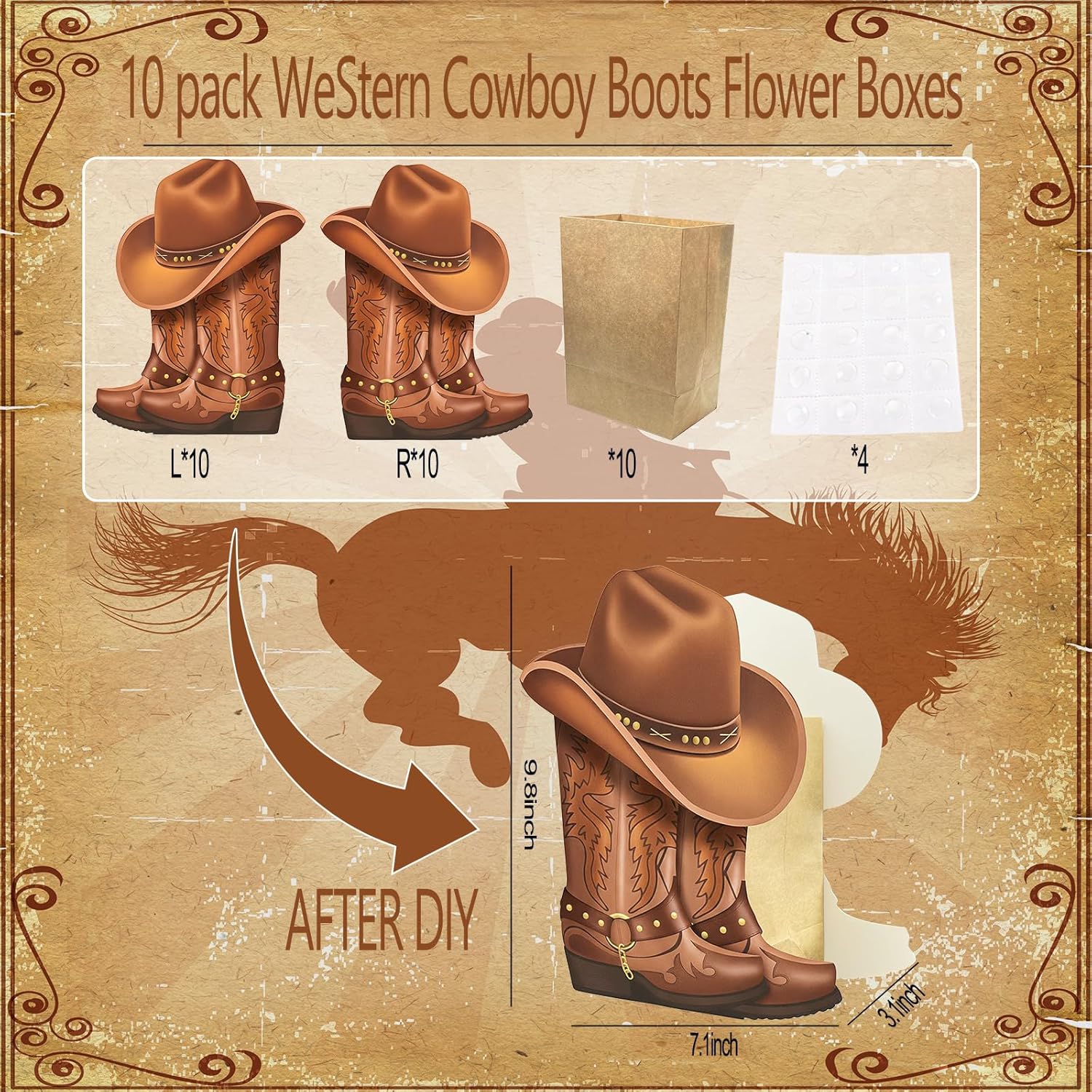 Western Cowboy Boots Flower Boxes - 10 Set Centerpiece Boot Shape Gift Boxes Cowboy Boot Vase Bulk, Paper Flower Vase Centerpiece Western Party Decoration for Rodeo Birthday Baby Shower Wedding