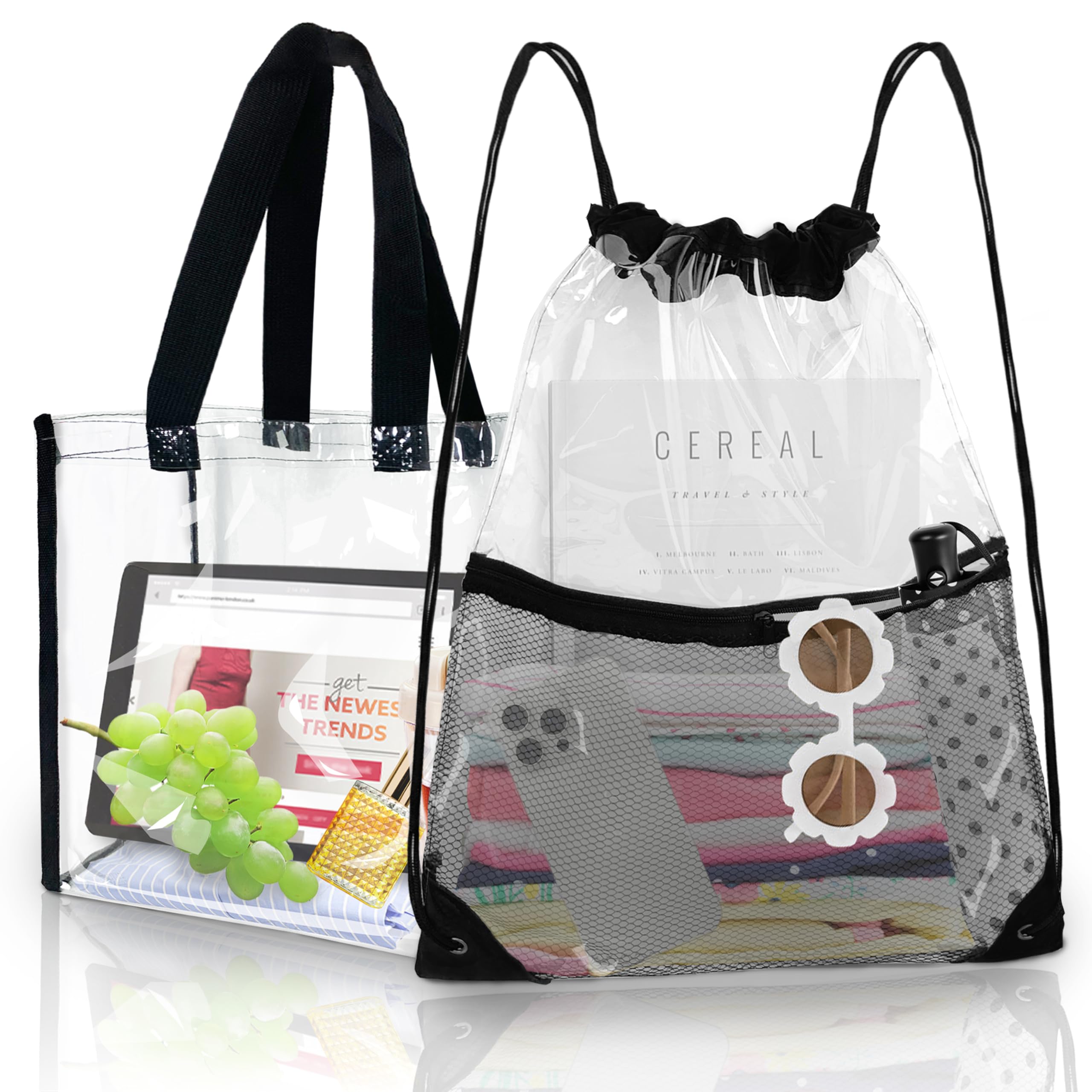 Mewcho Clear Drawstring Bags Backpack, Clear Tote Bag for Stadium Events- Transparent See Through Bag Plastic for Concert Stadium Approved Women, 2