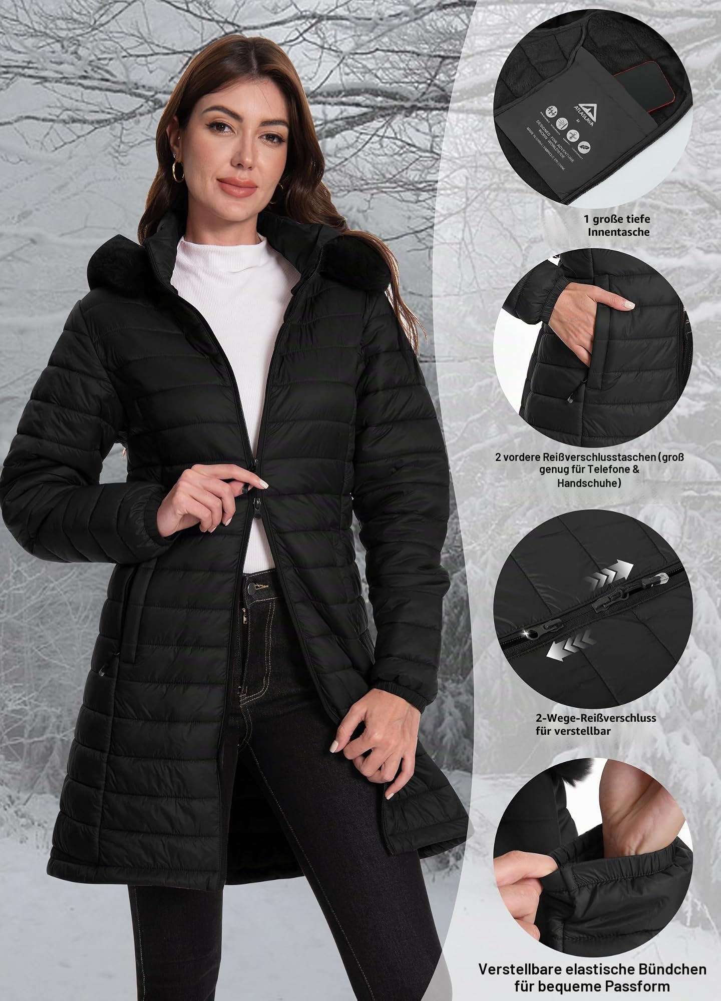 ATLASLAVA Damen Winterjacke Lang Wintermantel Steppjacke Übergangsjacke Daunenjacke Wasserdicht Warm Leichte Kapuze Frauen Winter Mantel Outdoor S-2XL