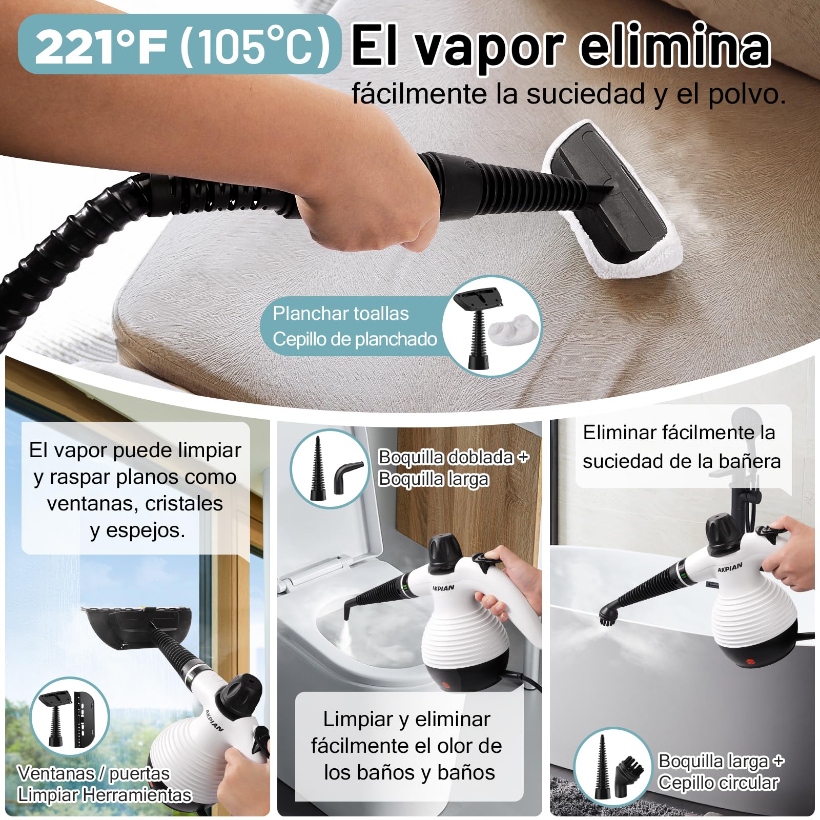 Limpiador a vapor portátil, limpiador multifunción, con un juego de 10 accesorios incluidos, apto para limpiar todo tipo de superficies y capaz de eliminar eficazmente la suciedad y las manchas de gra - 5