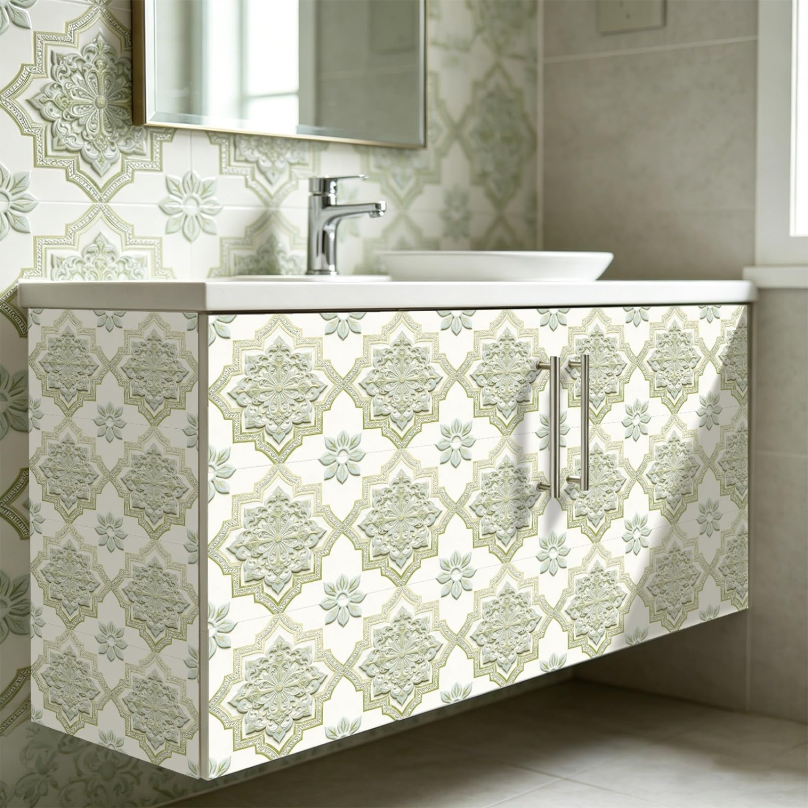 LMYSXAOZ Stick on Tiles 10x10cm Light Green Mandala Peel and Wall Stickers Waterproof Oil Proof PVC Decorative for Bathroom Washroom Bedroom,Floor