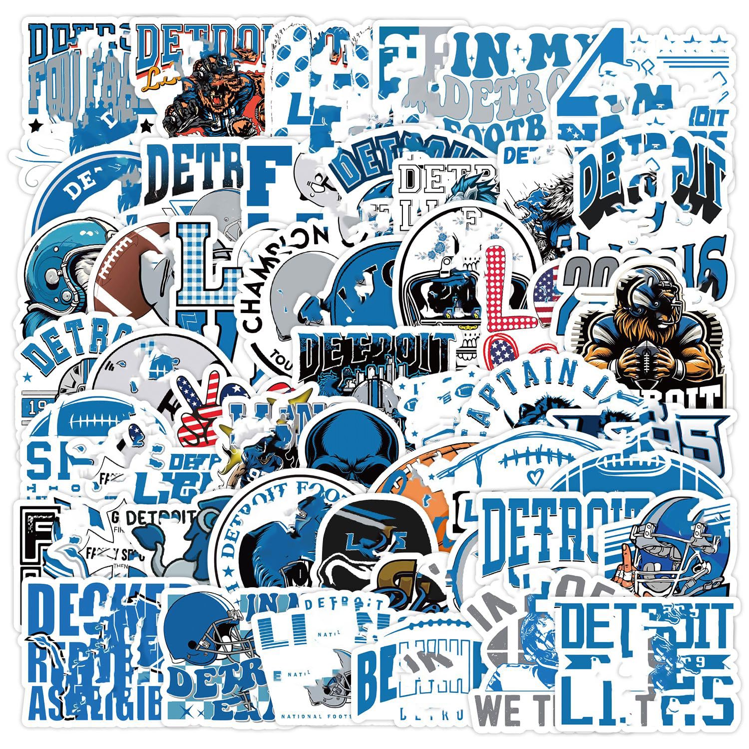 50 PCS Detroit Stickers Decal for Lions Stickers Pack Football Colorful Aesthetic Decal Vinyl Sticker Waterproof for Water Bottle Computer Laptop