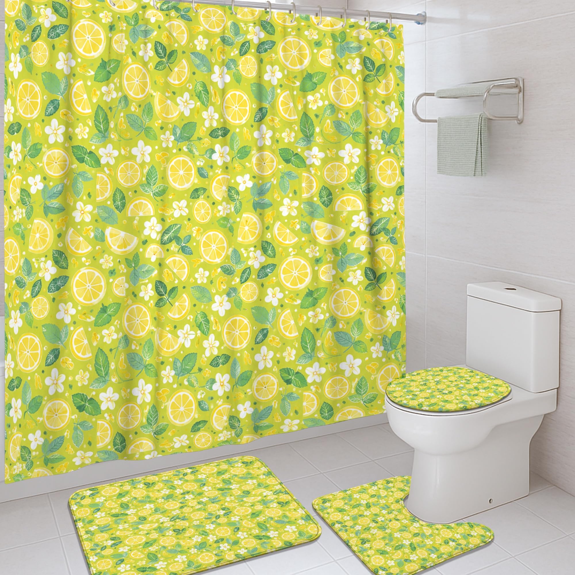 Rideau de douche citron en tissu avec tapis assorti pour une salle de bain ambiance été