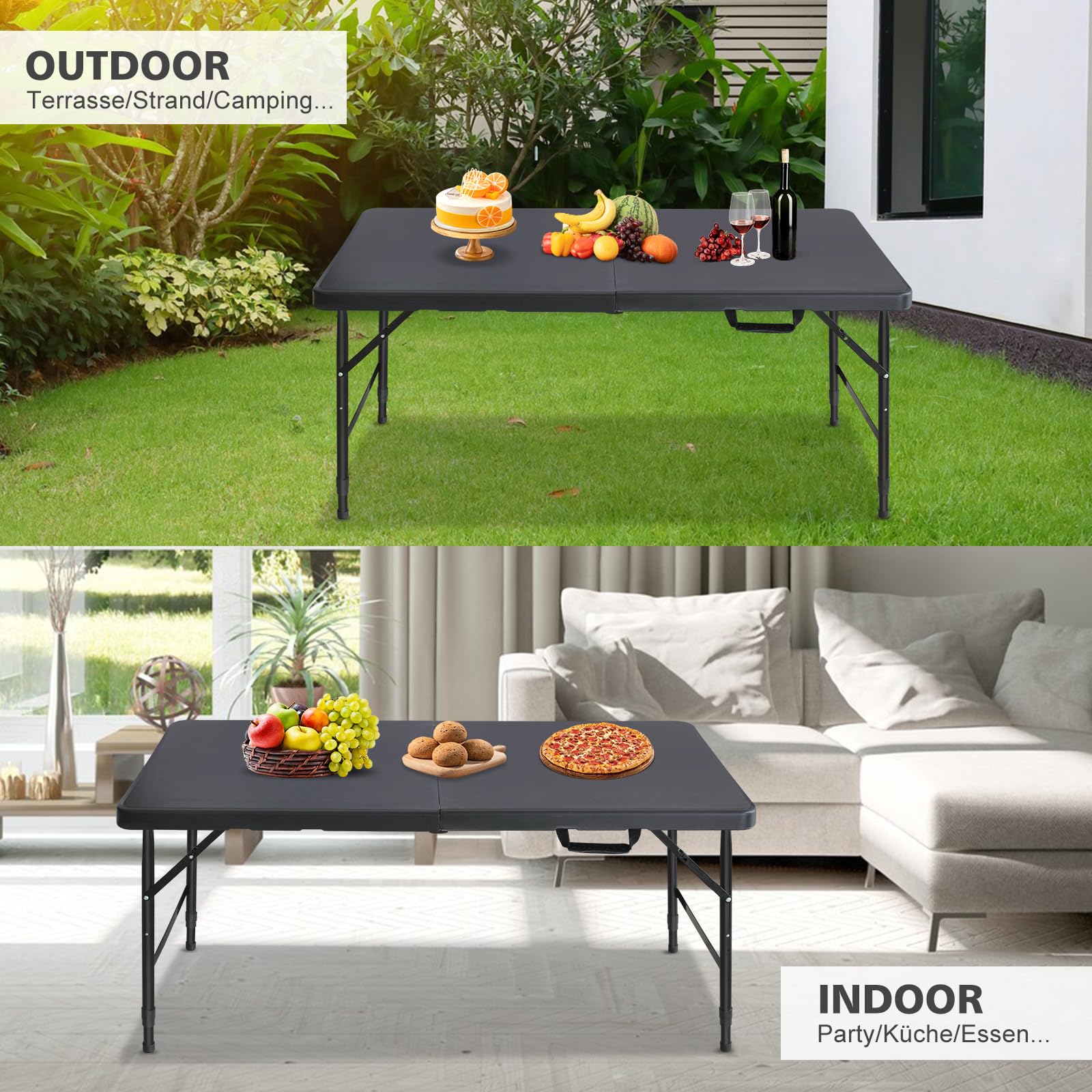 Table pliante 125 x 61 cm en plastique - Table de jardin pliante multifonction avec poignée pour barbecue, camping, fête - Noir