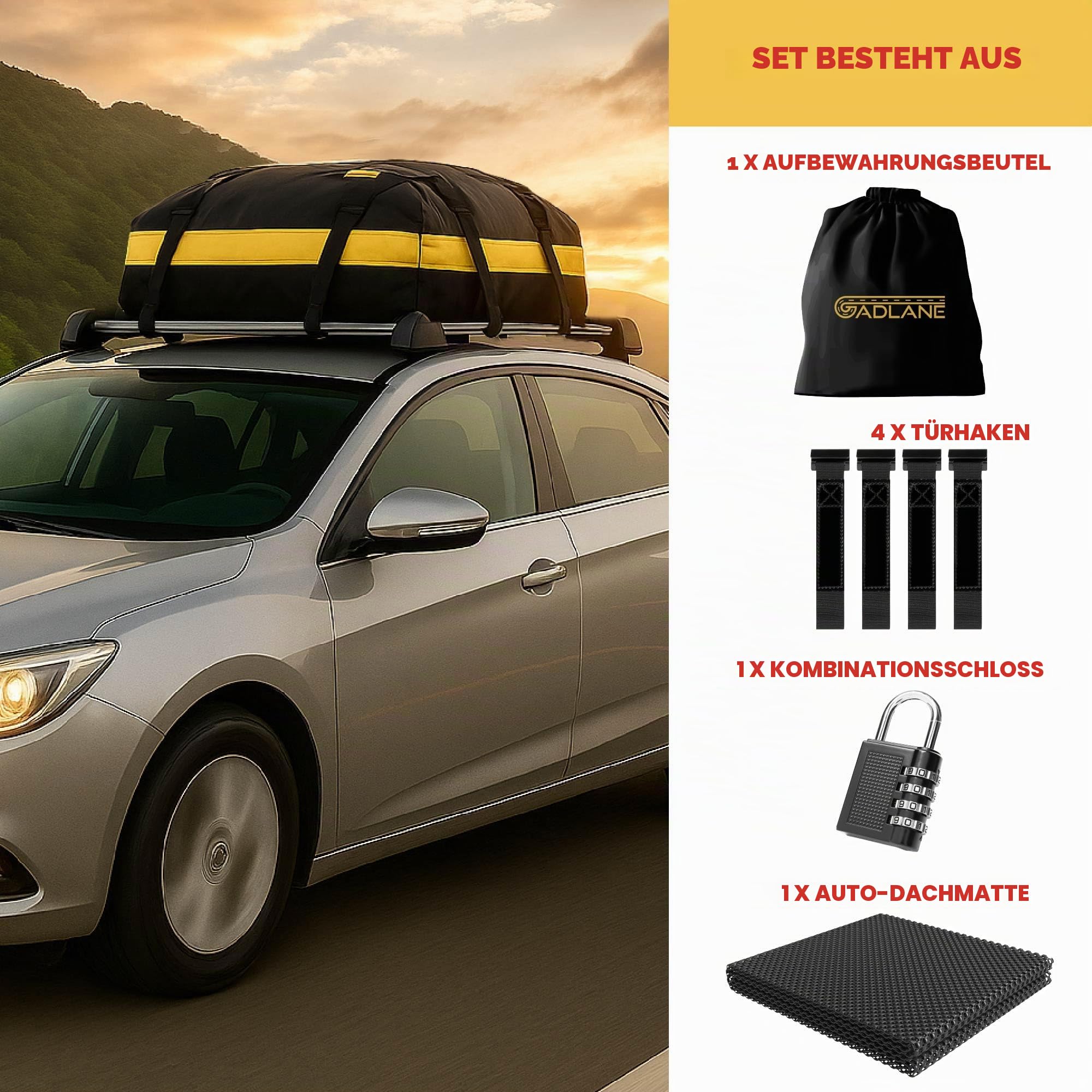 GADLANE Auto Dachtasche 425L - wasserdichte Dachbox für Autos mit/ohne Dachträger, Anti-Rutsch-Matte, 4 stabile Türhaken, Zahlenschloss, Aufbewahrungstasche, langlebiges 820D Material (Gelb)