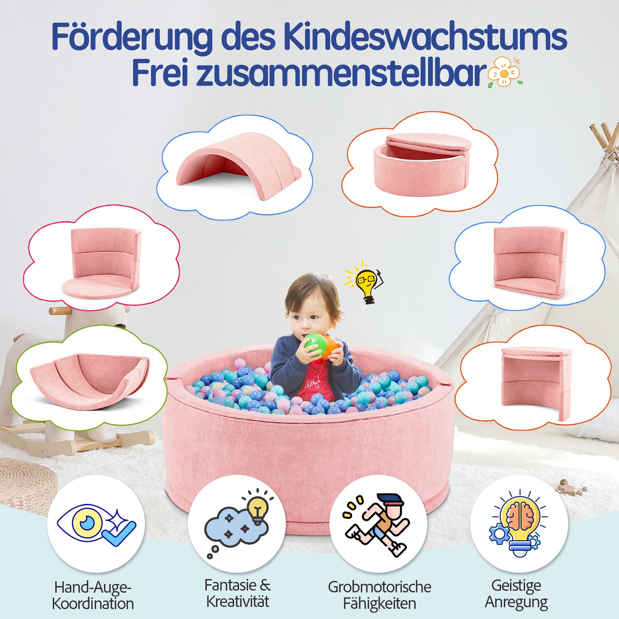 Bällebad ohne Bälle für Baby ab 1 Jahr, 7-in-1 Multifunktionales Schaumstoff Bällepool Ballgruben Kinder, Rosa