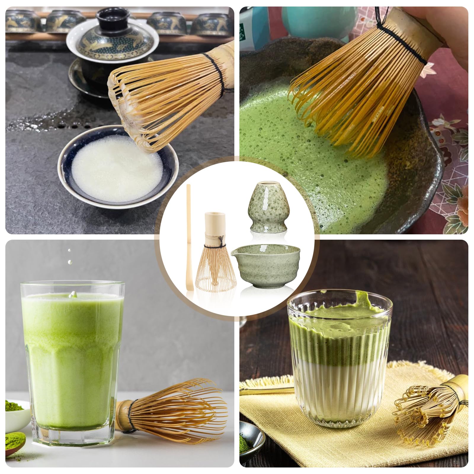 BAIFULAI Set da Tè Matcha di 4 Pezzi, Ciotola per Matcha con Beccuccio, Frusta e Pala per Matcha, Whisk, Kit per Matcha in Ceramica Verde