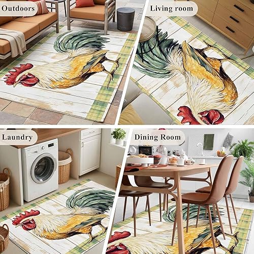 Miniatura 6 de 2.7x5 Area Rugs, Retro Rooster Non-Skid Rubber Backing Large Rectangle Rugs - Living Room Bedroom Home Office, White Animals Wooden Watercolor