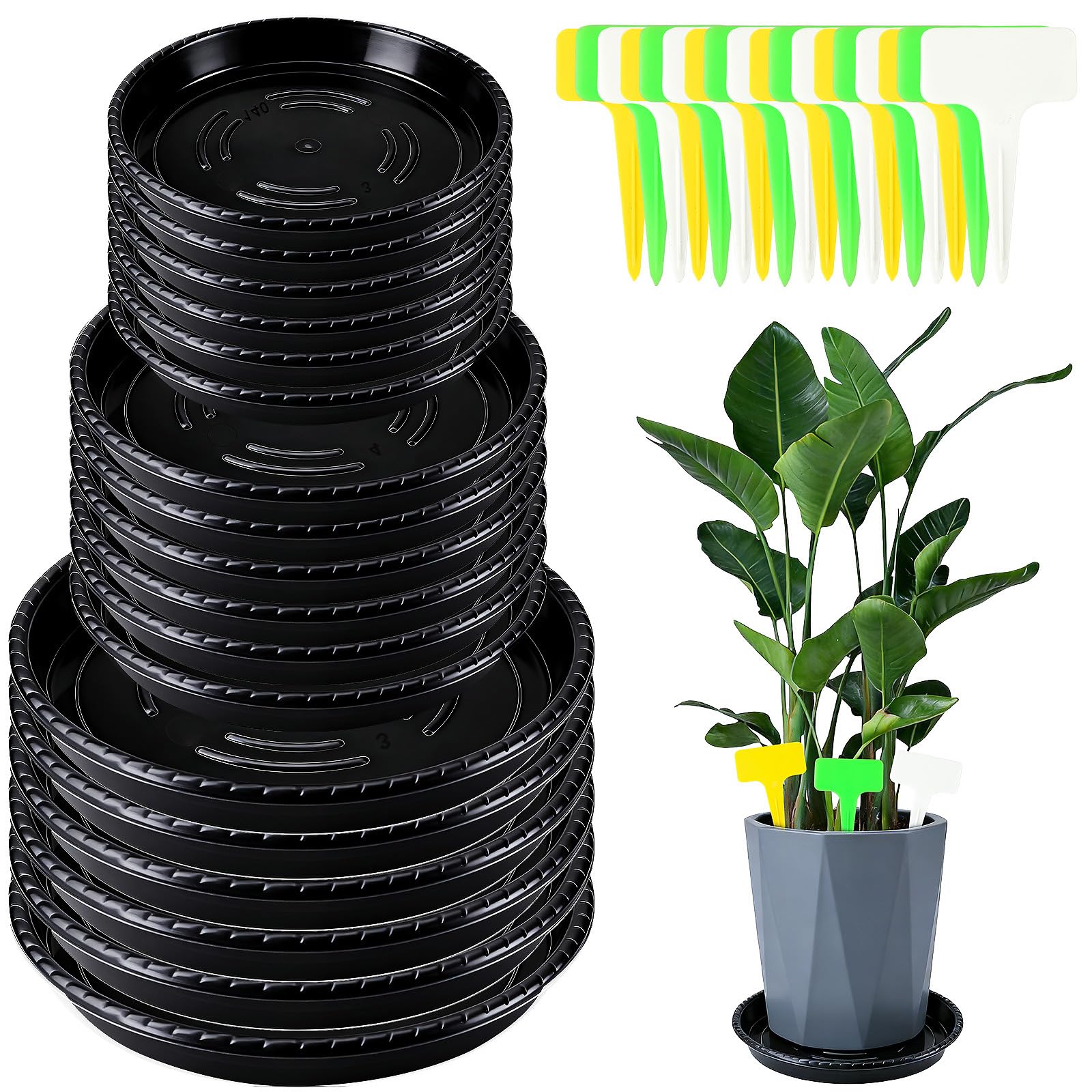 UPINS 18-Pack Black Plastic Plant Saucers Trays with Labels (3 Sizes)