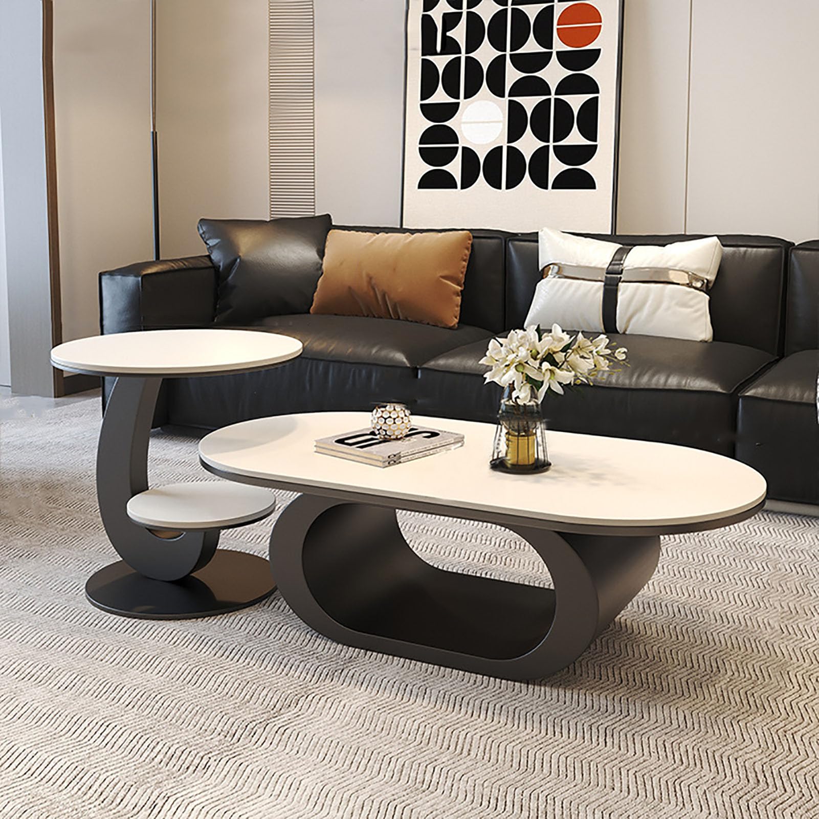 SXZenSpace 39" Oval Marble Coffee Table for Living Room,Modern Luxury Black Metal Base Center with Nesting End Home Decor,D,100x55x42cm(39x22x17inch)