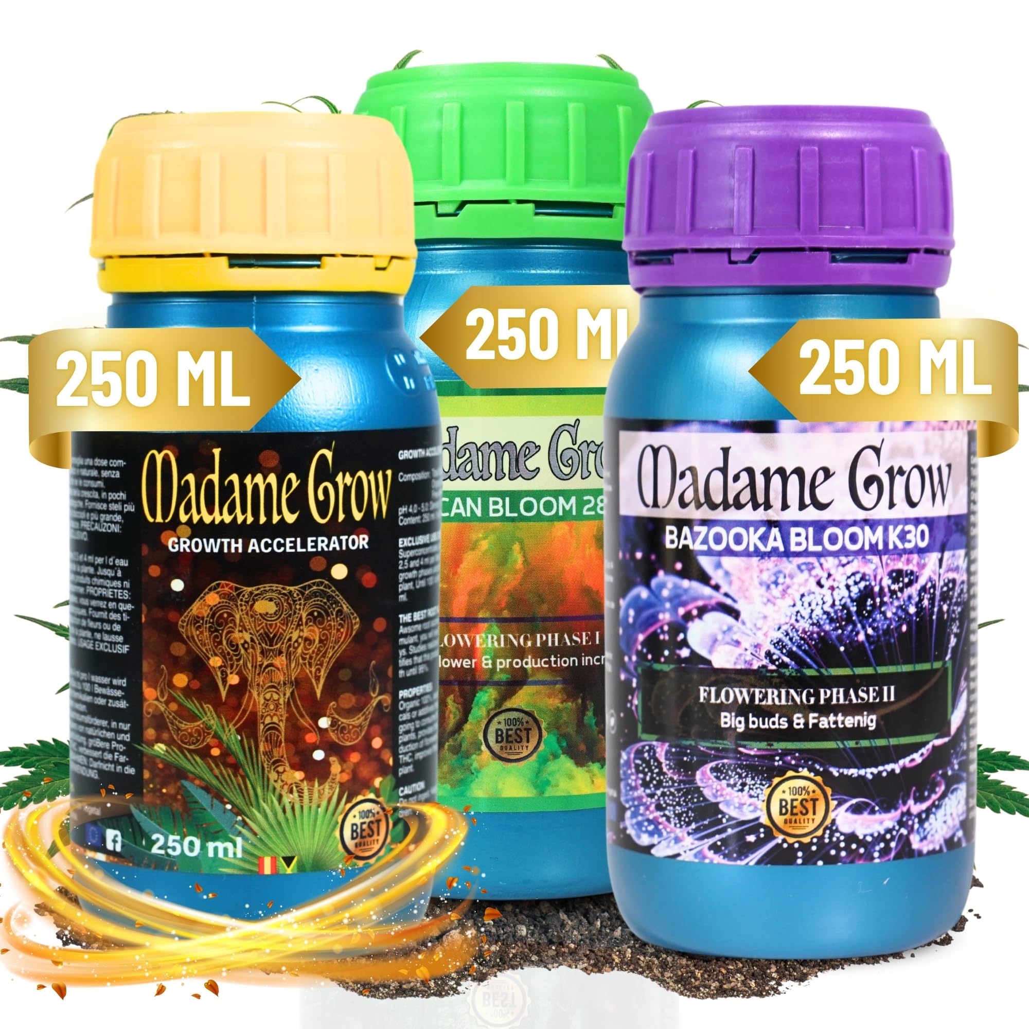 MADAME GROW Kit Power 3PACK 3 x 250ml | Pack Fertilizantes Crecimiento Floración y Engorde | Enraizante + PK Floración + Engordador K30 | Kit 3 Abonos Orgánicos