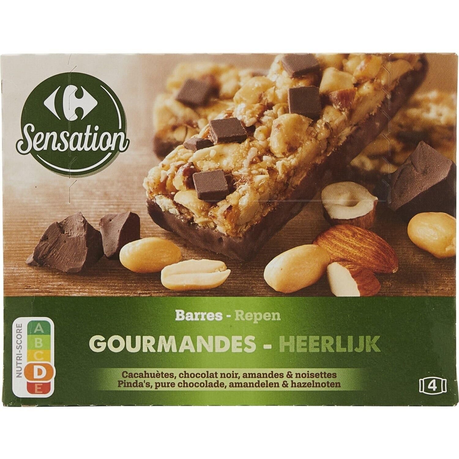 CARREFOUR SENSATION – Barres Gourmandes aux Fruits Secs et Chocolat, Texture Croquante (Boîte 140g) - lot de 4 - Vendu par Lot