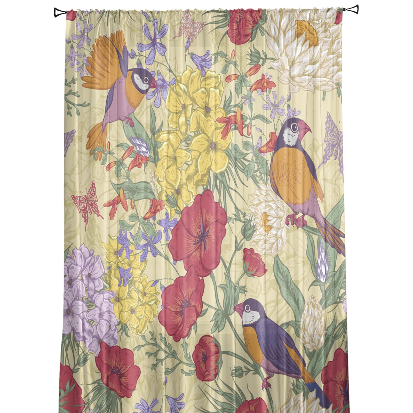 Ogród Vintage Kwiat Ptak Motyl Zasłony Okno Sypialnia Nowoczesna Zasłona Sheer Tiul Falbany Salon Kuchnia Zasłona Woal - HZF02816, Szer. 135 x Wys. 137 cm x 2