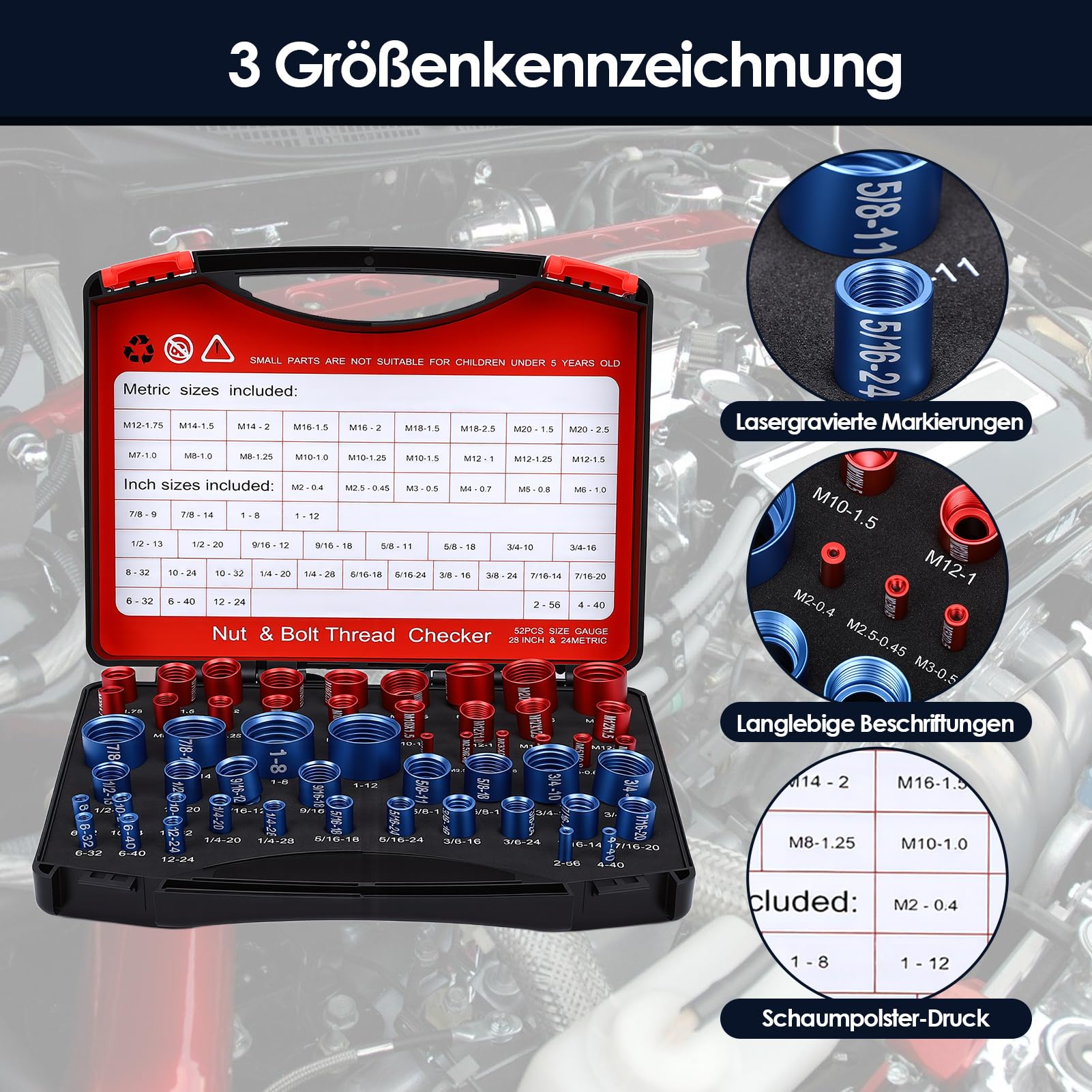 Schrauben Gewinde Prüfer Set 52-teilig Aluminium Aufbewahrungsbox 28 Zoll 24 Metrisch