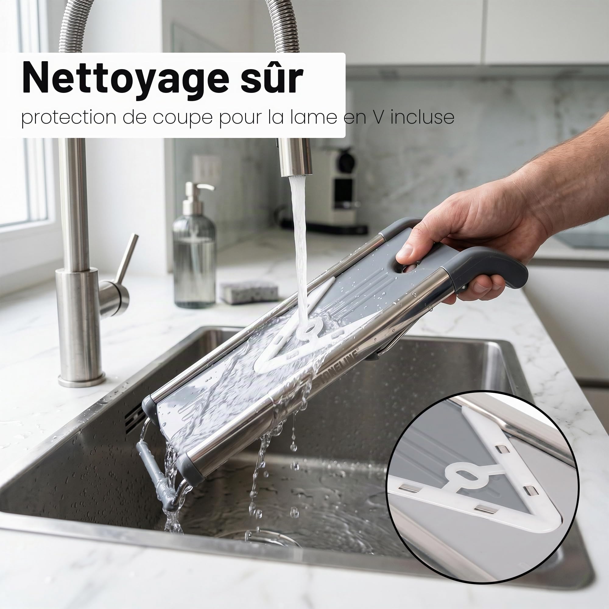 STONELINE Râpe en V, Mandoline à Légumes, polyvalente, pour pour Frites, Coupe-Légumes, avec 5 embouts, Set de 9 Pièces, en Acier Inoxydable