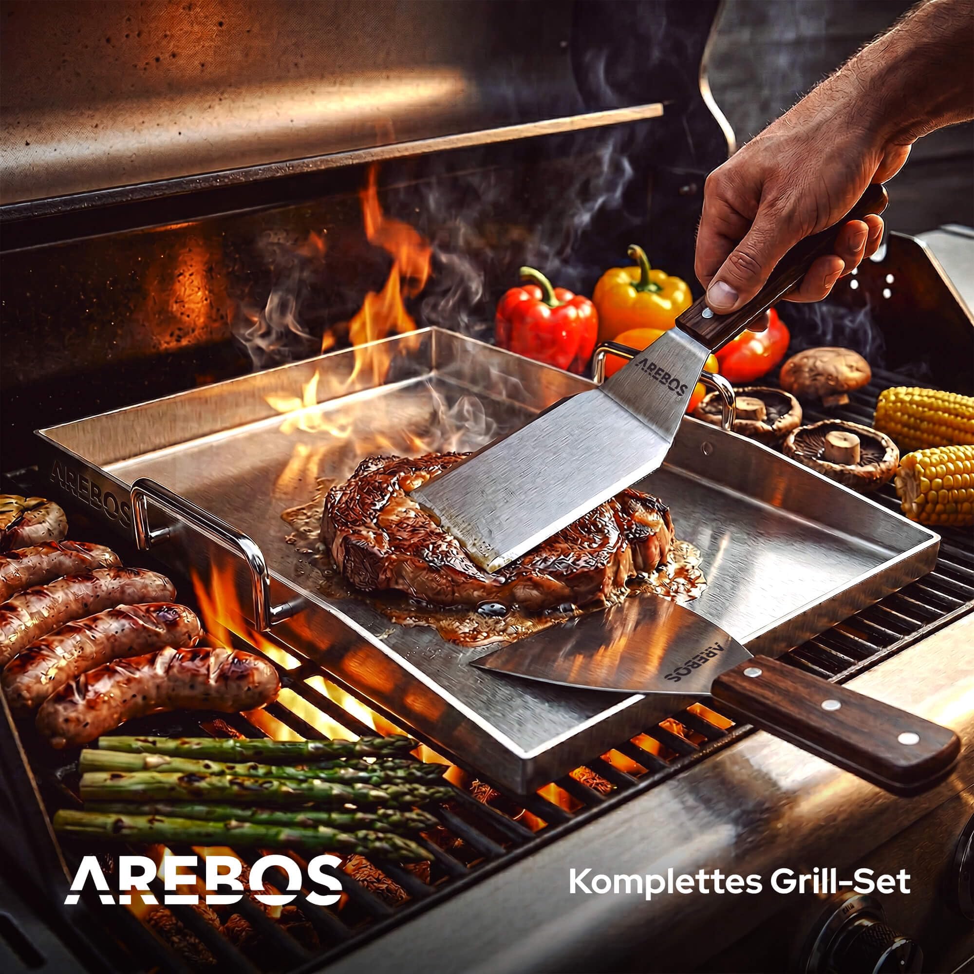 Arebos Plancha Grillplatte Edelstahl 40x30 cm | für Gasgrill, Holzkohlegrill & Camping | 4 mm massiv | 800 °C | LFGB | Fettablauf | 2 Grillspachtel & 5 Spieße | spülmaschinengeeignet