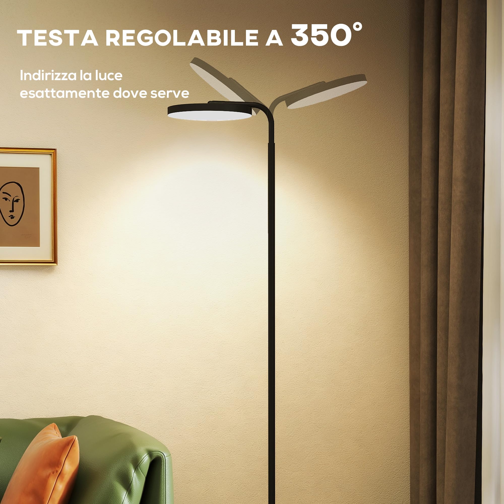 HOMCOM 30W Lampada da Terra Salotto, 2800LM LED Dimmerabile Luminosa Piantana Lampada da Terra con Telecomando Magnetico, Testa Girevole 350°, 3000K-6500K Piantana Lettura per Soggiorno Letto Ufficio