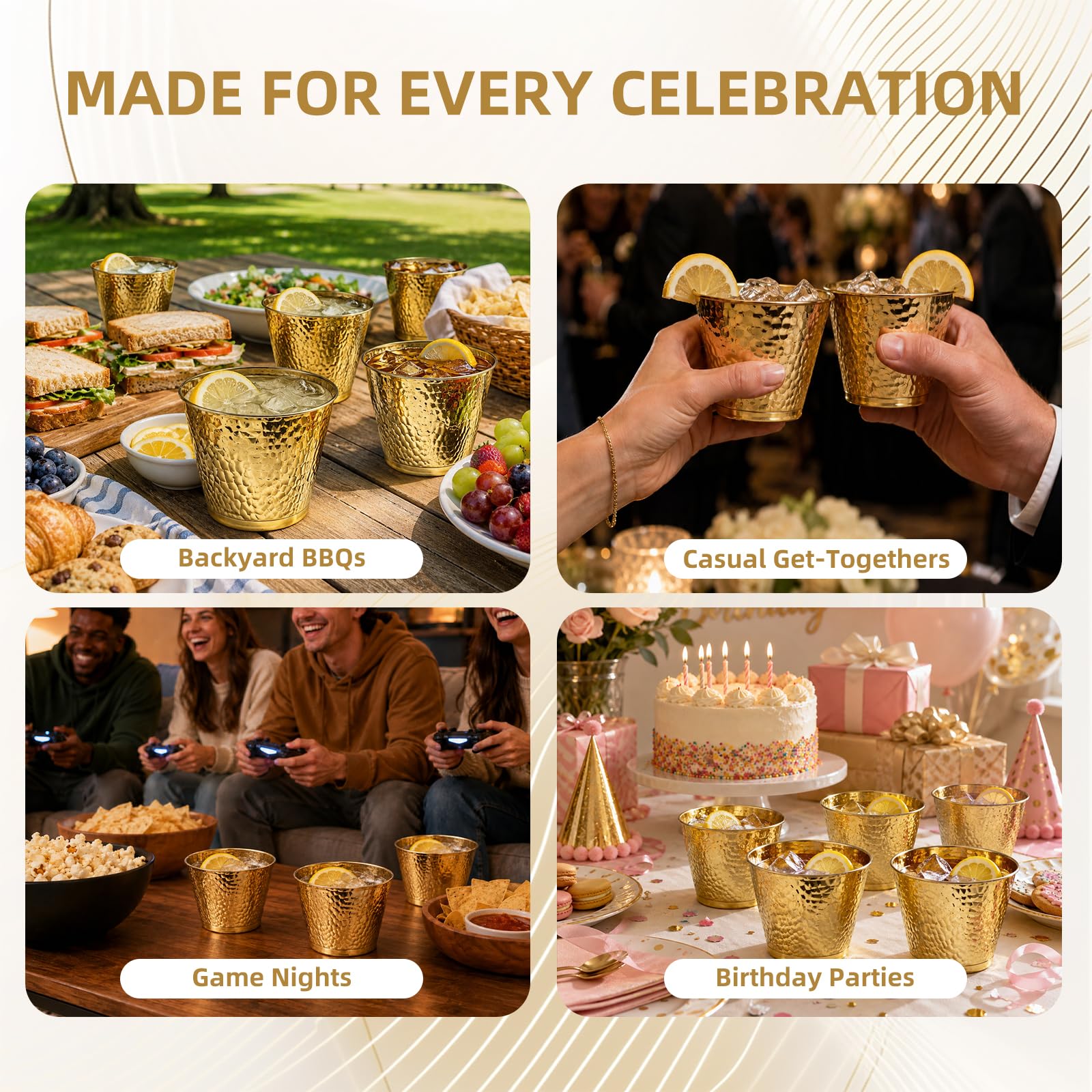 96-Pack Gold Hammered Plastic Party Cups 9oz, BPA-Free Leakproof Disposable Cups, Premium Elegant Drinkware for Weddings Birthdays Holidays Gatherings — Amazon image 7