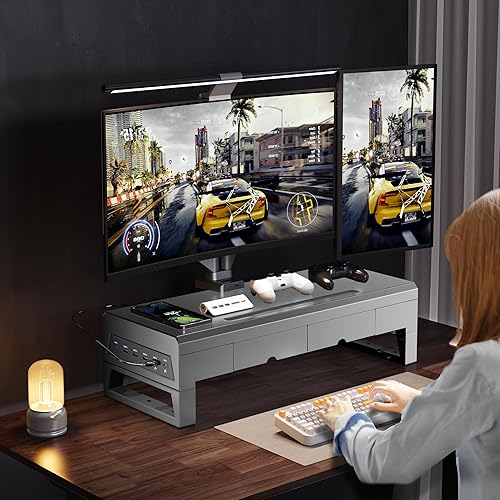 Miniatura 6 de Soporte para monitor de computadora con 2 cajones, estante de escritorio para laptop y elevador de monitor, carga de 22 W, 2 USB 3.0 y 1 USB 2.0,
