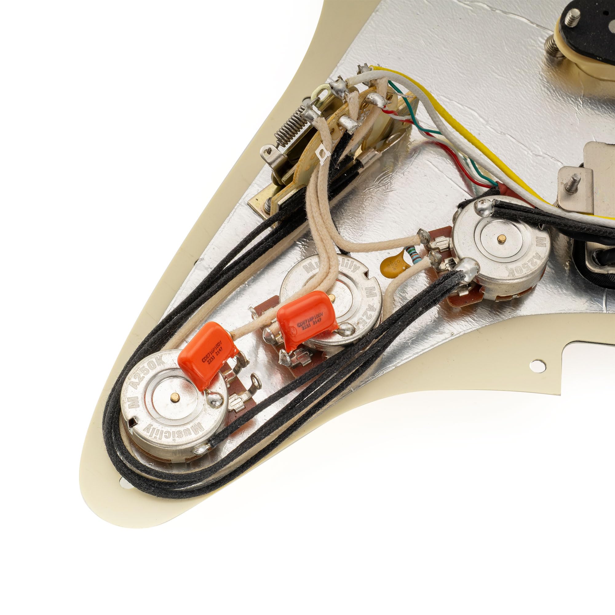 Musiclily Pro Auto-Split SSH Golpeador Precableado Pre-wired Loaded Pickguard con Pastillas Artec Alnico 5 para Guitarra Eléctrica Tipo Strato, 4 capas Aged White Pearl