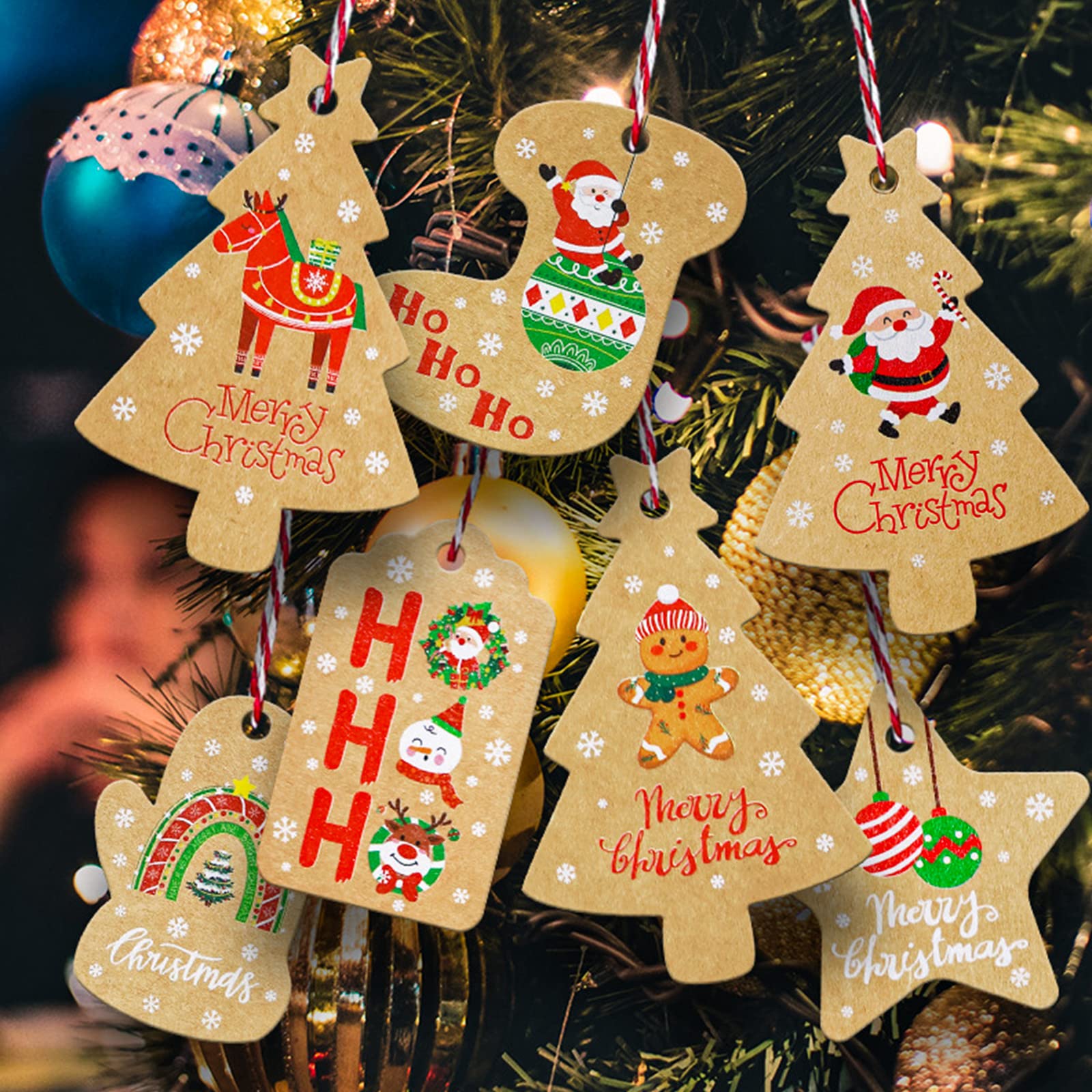 Lot De 100 Étiquettes Cadeaux De Noël En Papier Kraft - Motifs Étoiles, Sapins, Chaussettes - Avec Ficelle - Pour Décorations Et Emballages