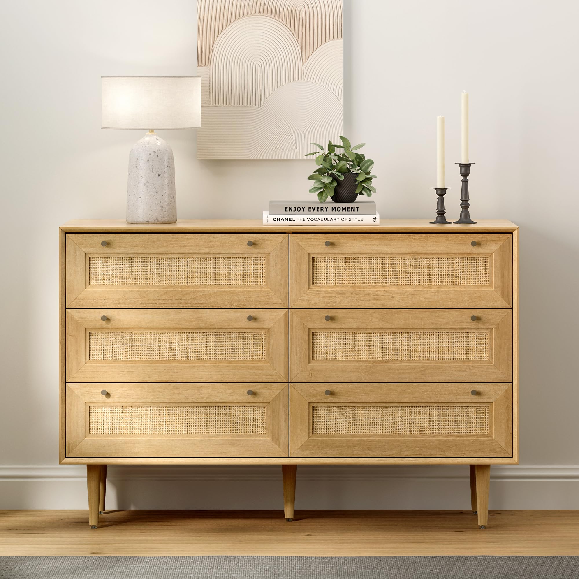 Rattan 6 Drawer Dresser, Modern Closet Dressers of Drawers with Natural Rattan, Boho Dresser Chest, TV Stand of Drawers, Wood Storage Drawer Organizer for Bedroom Living Room Entryway Hallway