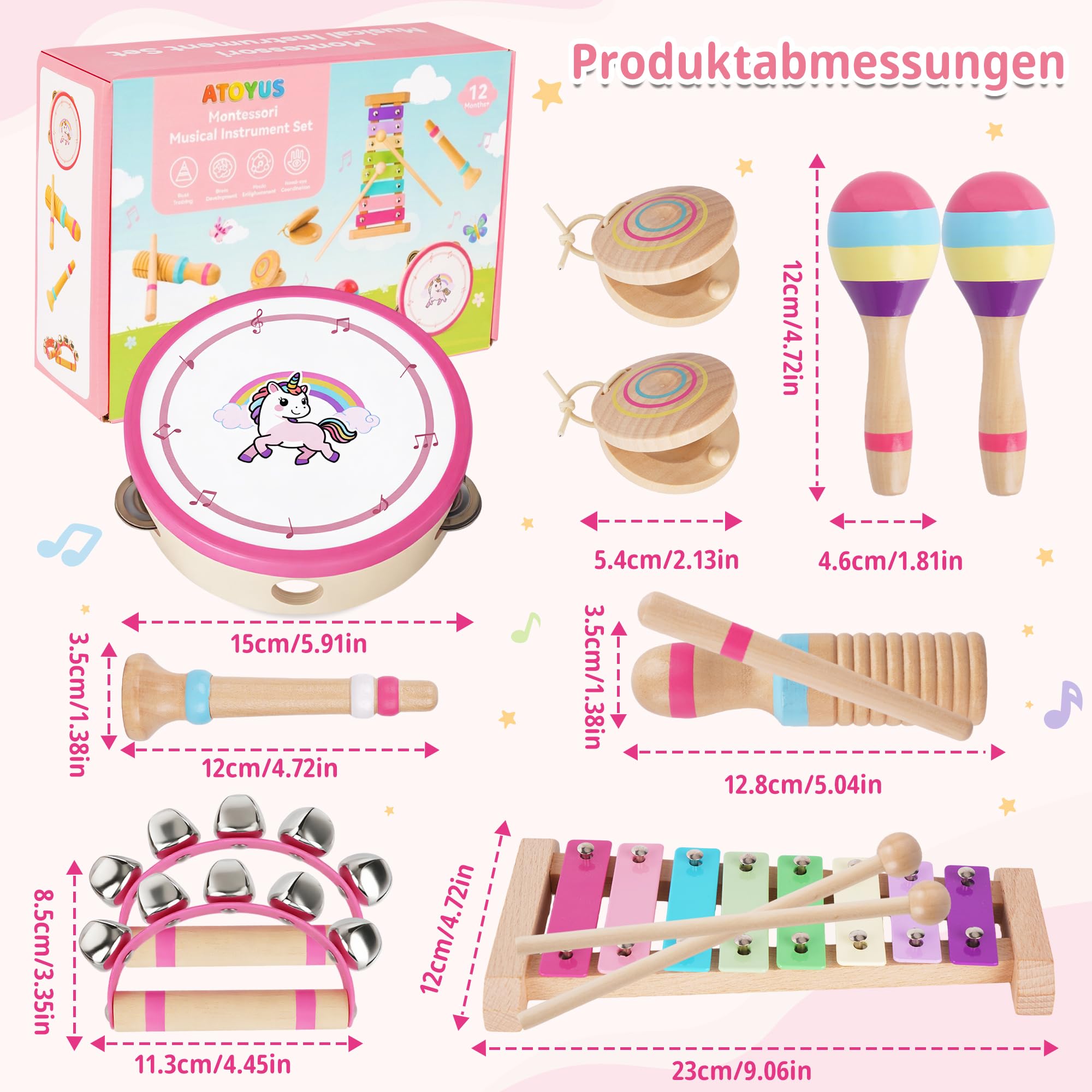 ATOYUS Montessori Musikinstrumente Spielzeug für Babys und Kinder ab 1 Jahr, Holz-Schlaginstrumente für 1-3 Jährige Mädchen mit Xylophon, Trommel, Geschenk zum 1. Geburtstag, zu Weihnachten und Ostern