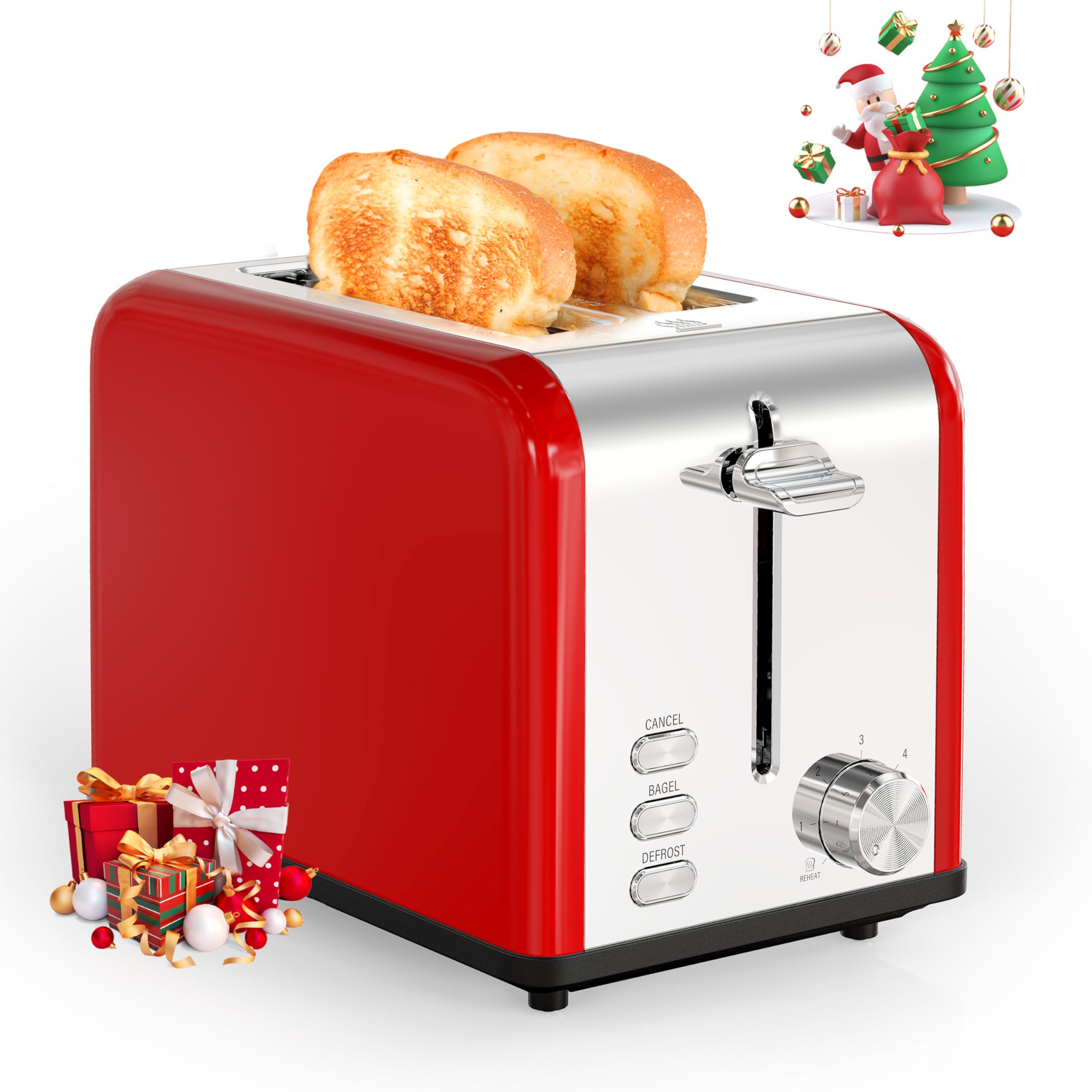 YSSOA Stainless Steel Toaster 2 Slice with Extra Wide Slot & Removable Crumb Tray, 6 Shade Settings and Bagel/Defrost/Cancel Functions, Compact Oven, for Various Bread & Waffle, Red New