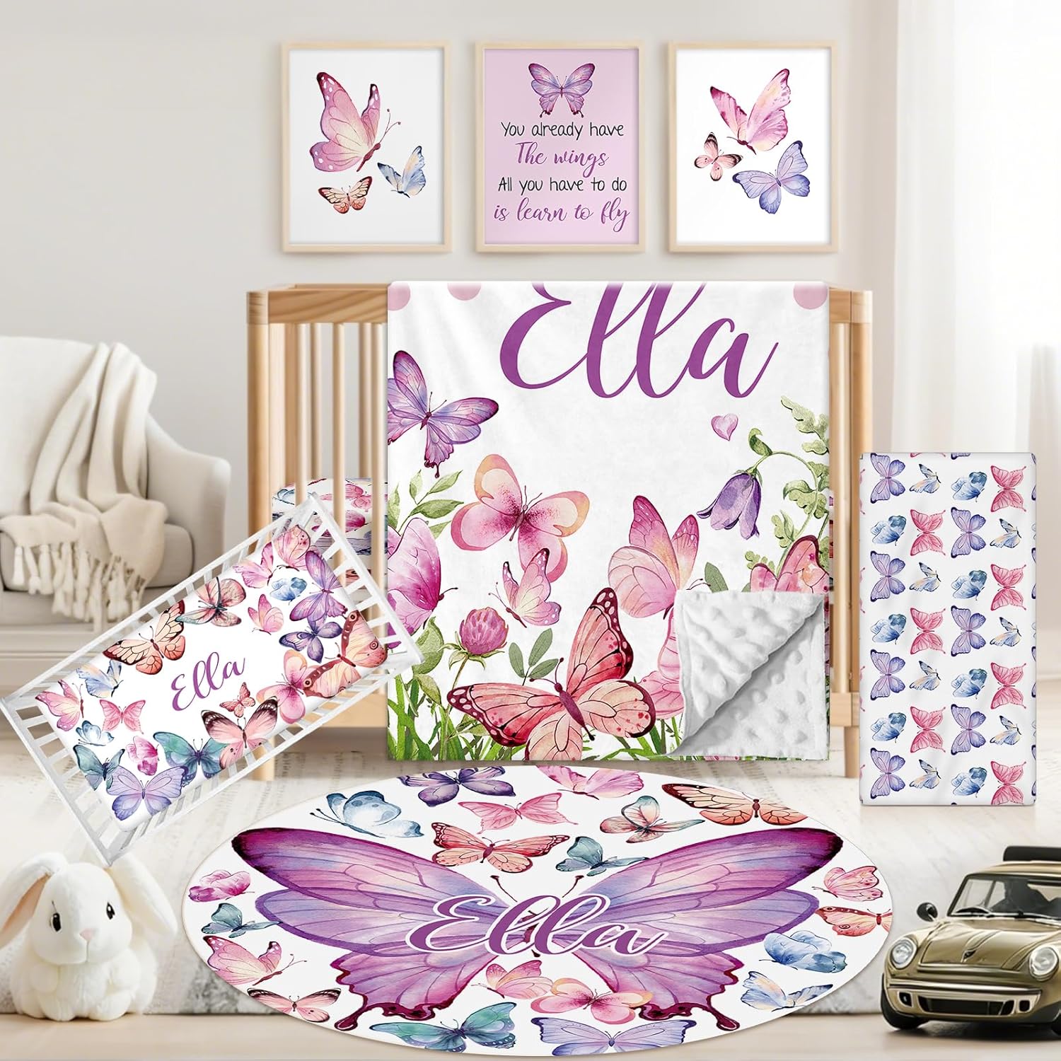 Custom Baby Crib Bedding Set, 5 PCS Personalized Name Baby Crib Sets for Girls Boys, Butterfly Theme Nursery Bedding Sets for Infant Toddler, Double Layer Flannel Bed Set Customized Gifts