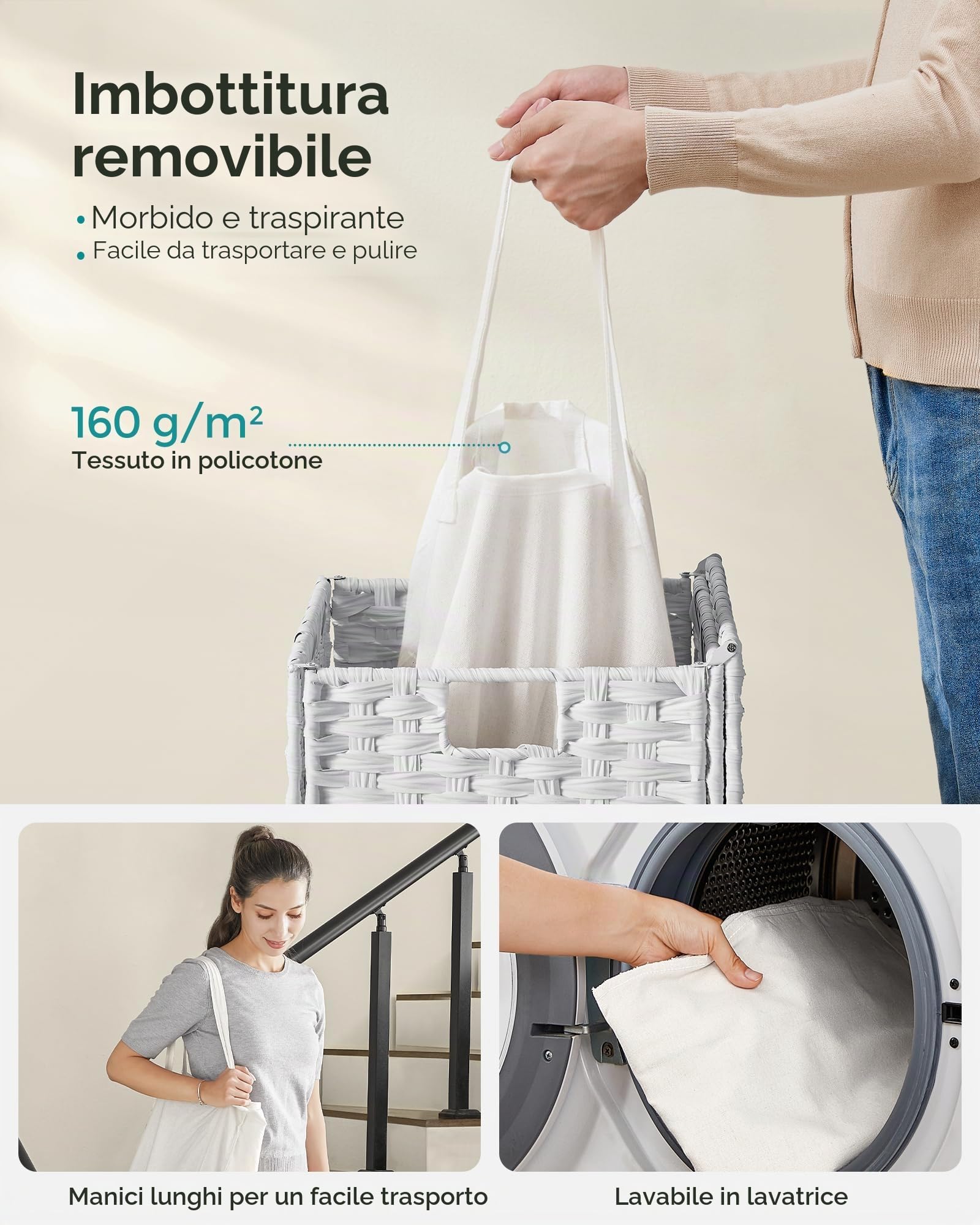 SONGMICS Cesto portabiancheria intrecciato a mano, in rattan sintetico, con coperchio e manici, pieghevole, rimovibile, colore bianco, ULCB51WT