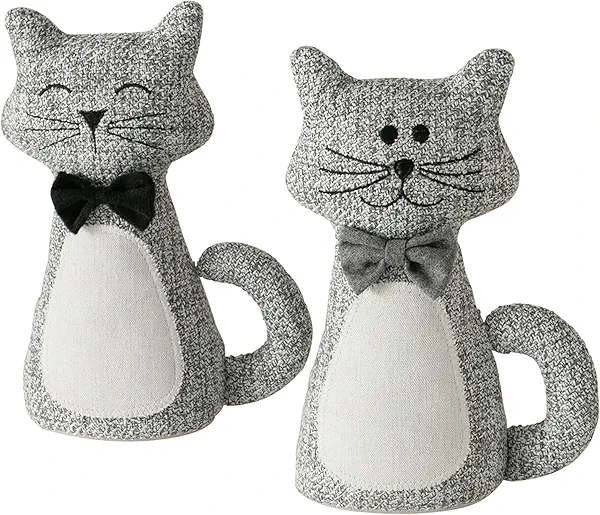 Cat Door Stops, Bow-tie Accents, Grey and White Woven Fabric, Black Embroidery, Polyester Satin, Sand Filling, Weighted Prop, 11 Inches, 2.25 lbs.
