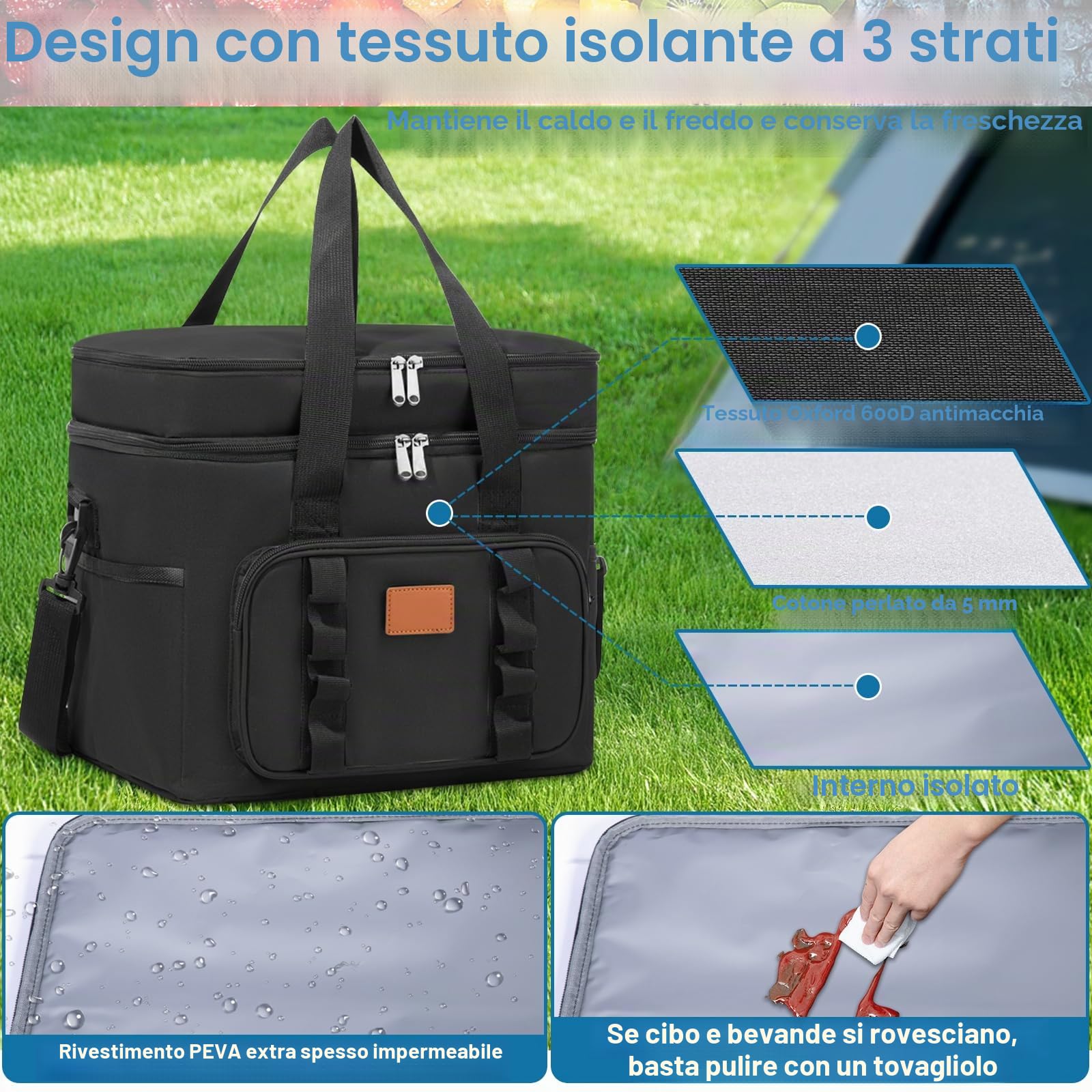 Borsa Termica Porta Pranzo 30.7L Doppio Frigo Grande con Tracolla Regolabile e Tasche Multiple per Picnic Campeggio Ufficio Nero