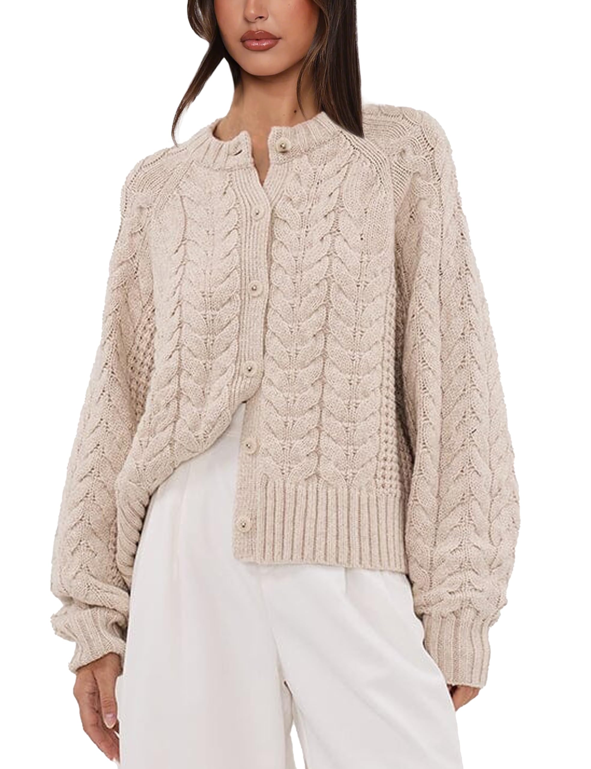 Cable Knit Cardigan for Women Open Front Sweater Casual Loose Long Sleeve Button Outerwear Coats