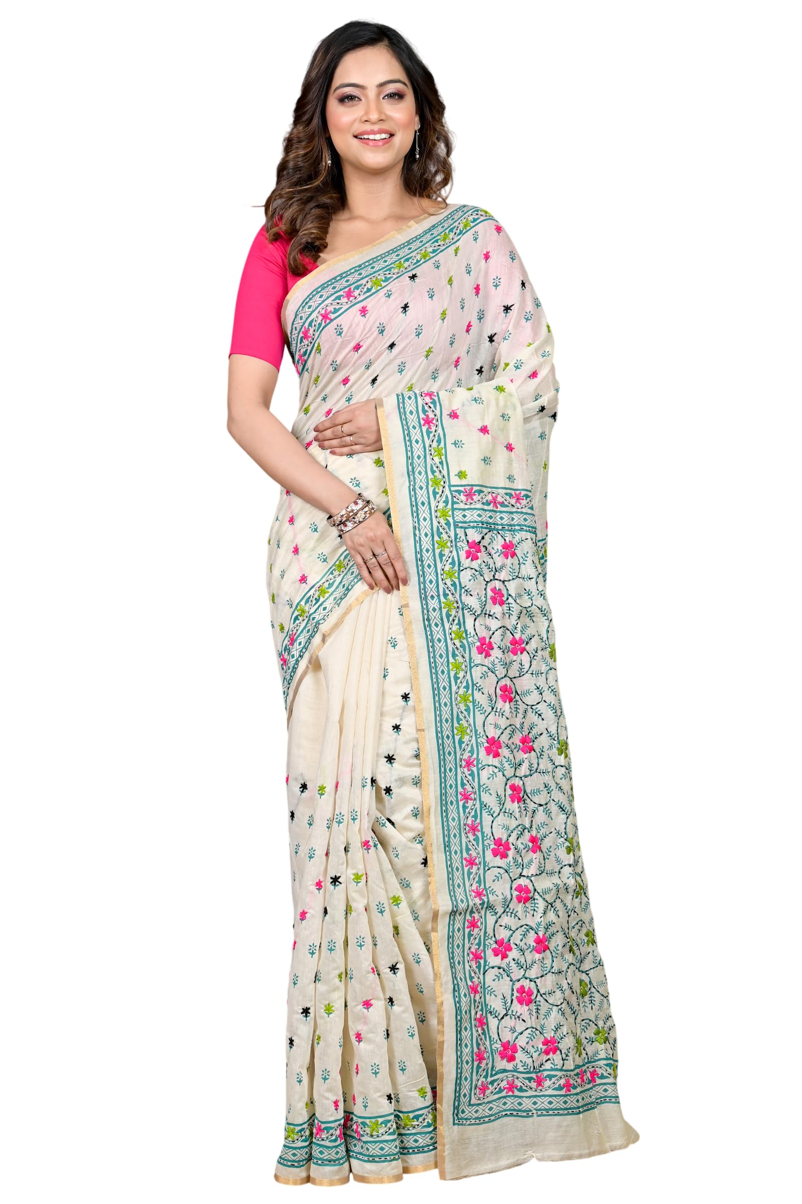Traditional Bengal Artisan Crafted CottonWhite Kantha Stitch Saree with blouse piece-image-8