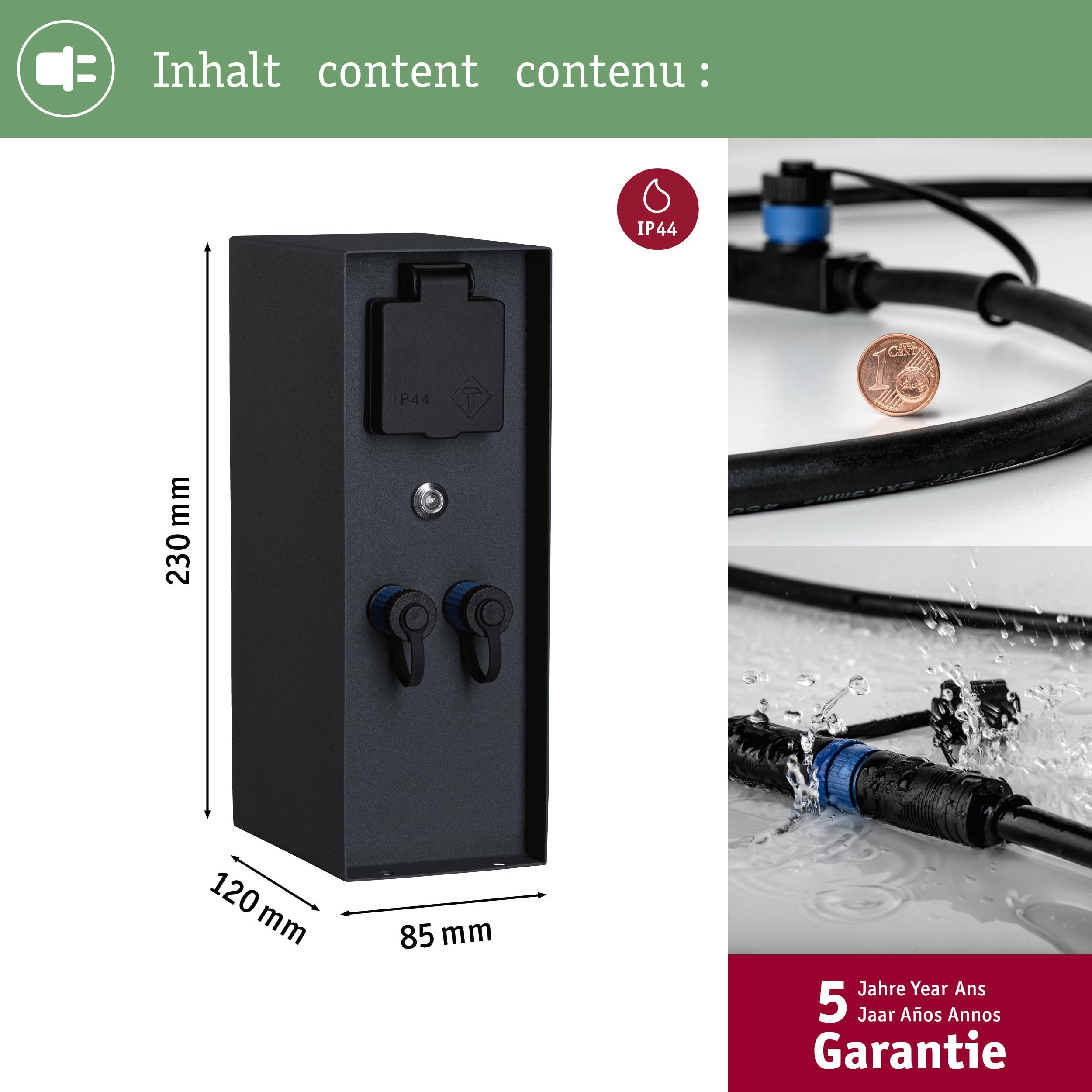 Paulmann 94701 Plug & Shine - Lámpara de exterior con sensor crepuscular, IP44, conectores 2 x 230 V, 2 x Plug & Shine 24 V