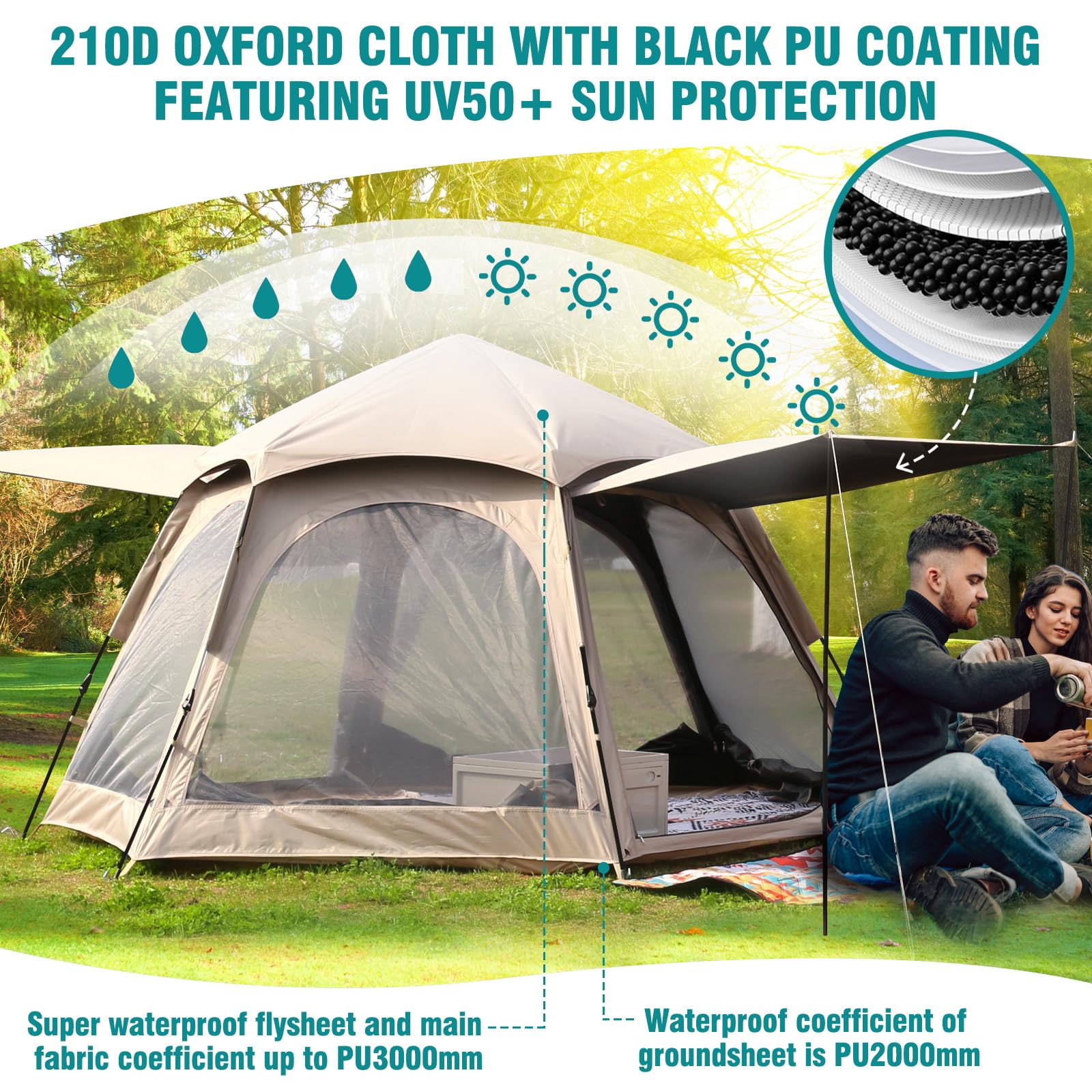 Chihee Tiendas de campaña Pop Up Tienda Hexagonal Fácil de Montar Instantánea Recubierta de PU Poliéster Cabaña Familiar con Toldo Impermeable Protección UV A Prueba de Viento Refugio al Aire Libre