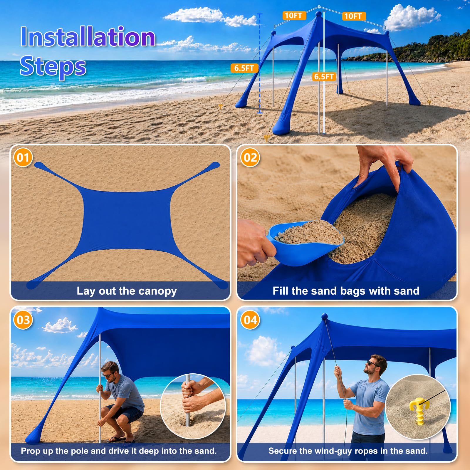 Tienda de Playa UPF50+ con Esterilla, Toldo Solar Antiviento Portátil | Refugio con Anclajes de Arena y Barras de Aluminio, Fácil Montaje para Camping, Playa y Picnic, 10x10FT Azul Oscuro