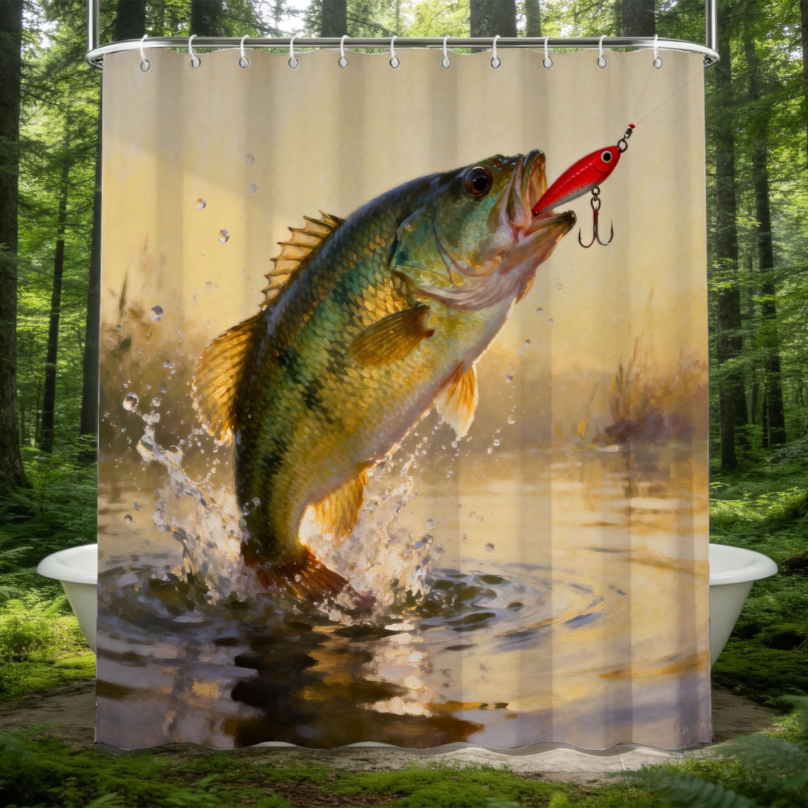 Hongduo 3D Bass Fishing Shower Curtain for Stalls Bathtubs Fishing Bathroom Decor Shower Curtain Set Polyester Fabric Waterproof 180x200cm/71X79 Inch with Hooks